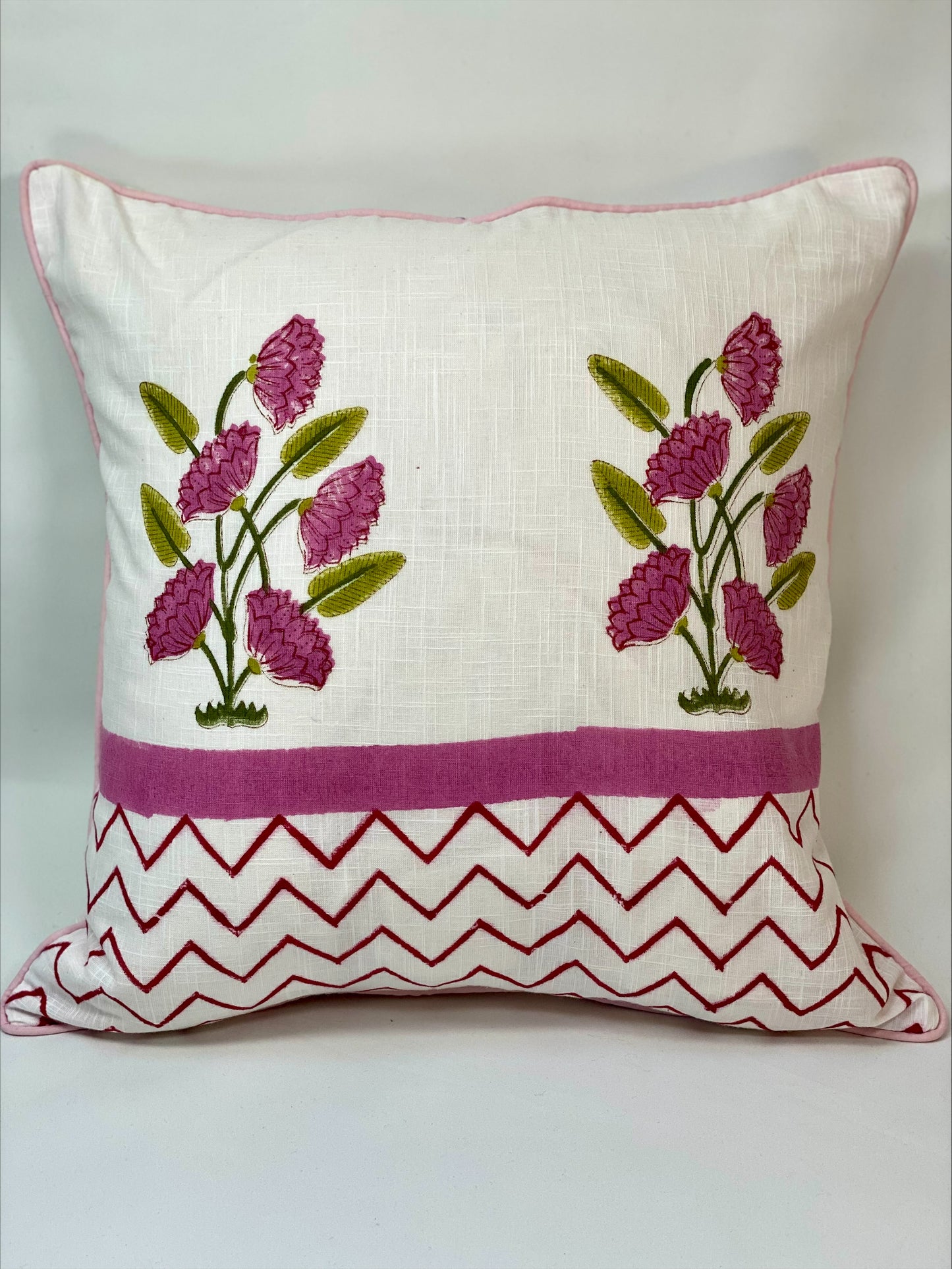 Hand block printed cushion cover - white with pink flowers and zig zags
