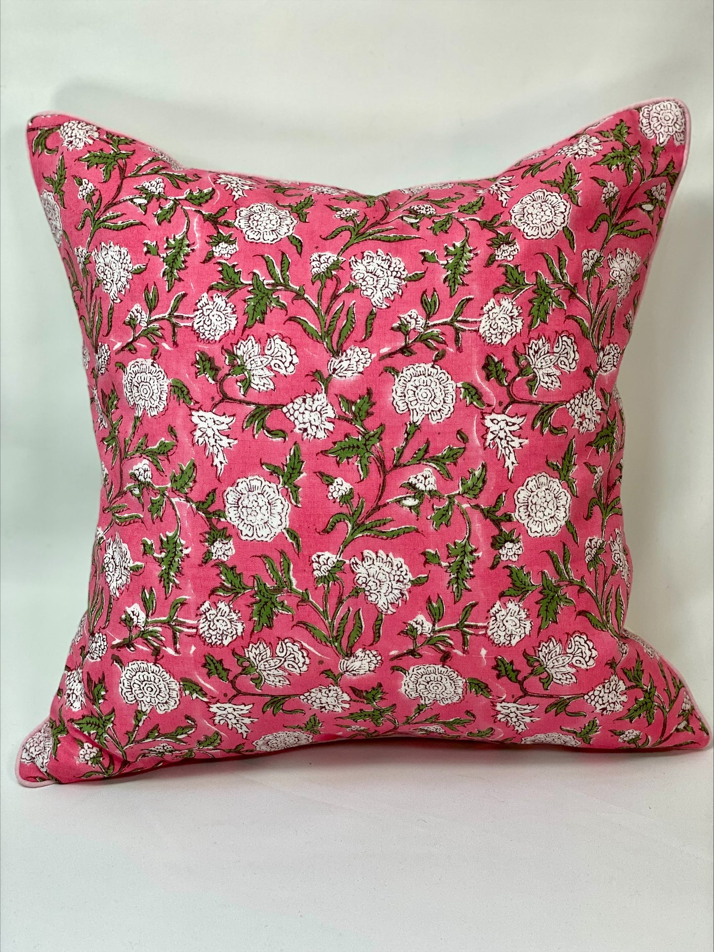 Hand block printed cushion cover - pink with white flowers