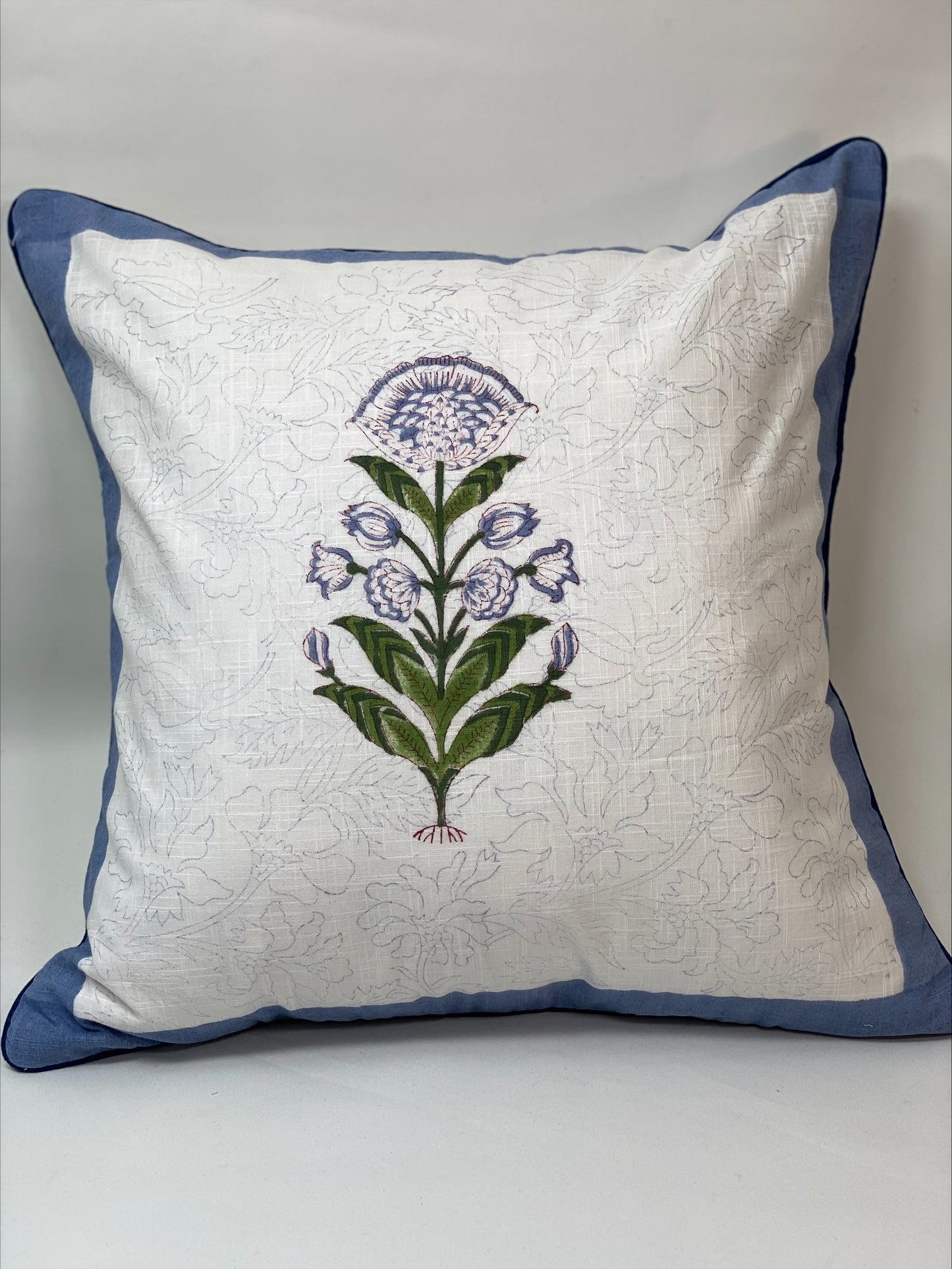 Hand block printed cushion cover - white with blue boarder