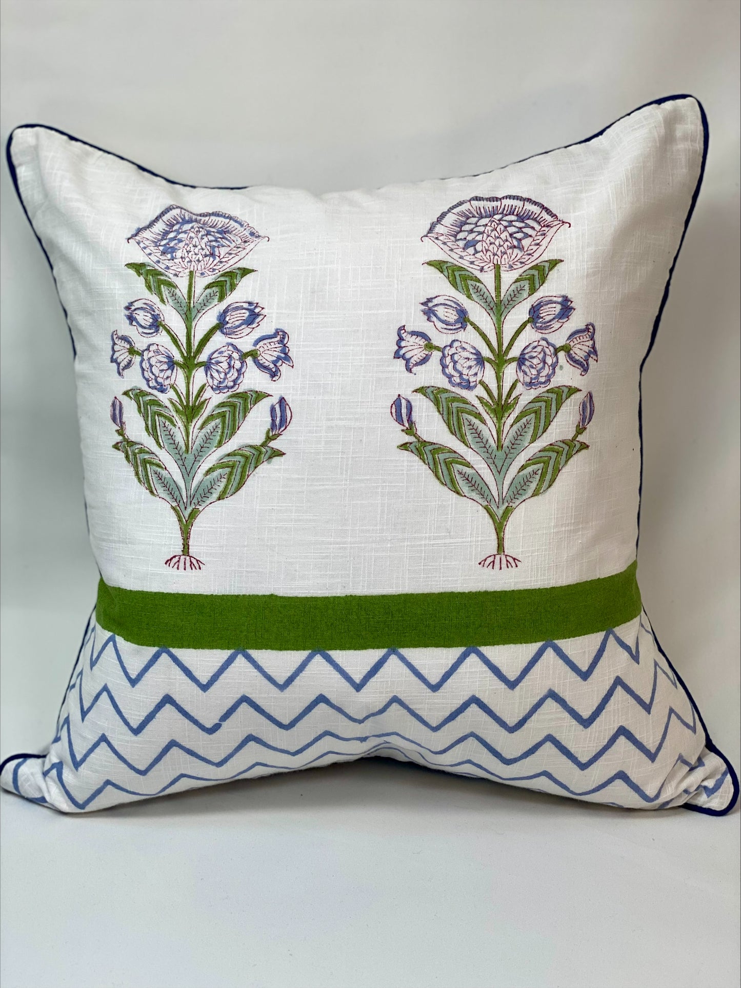 Hand block printed cushion cover - white with flowers and zig zags