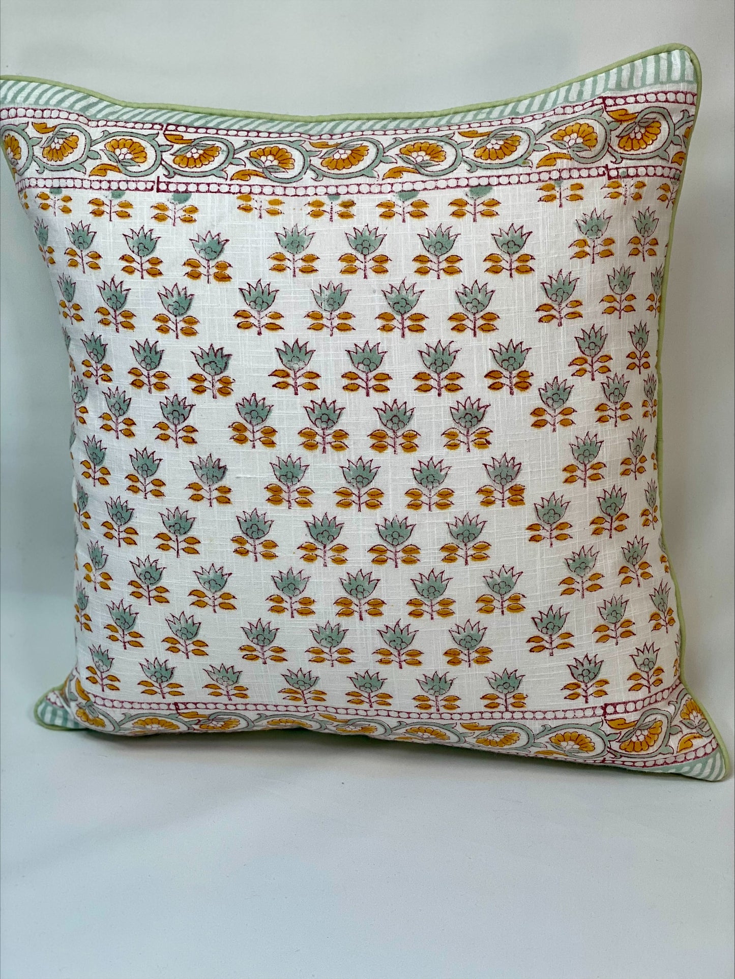 Hand block printed cushion cover - white with orange and green