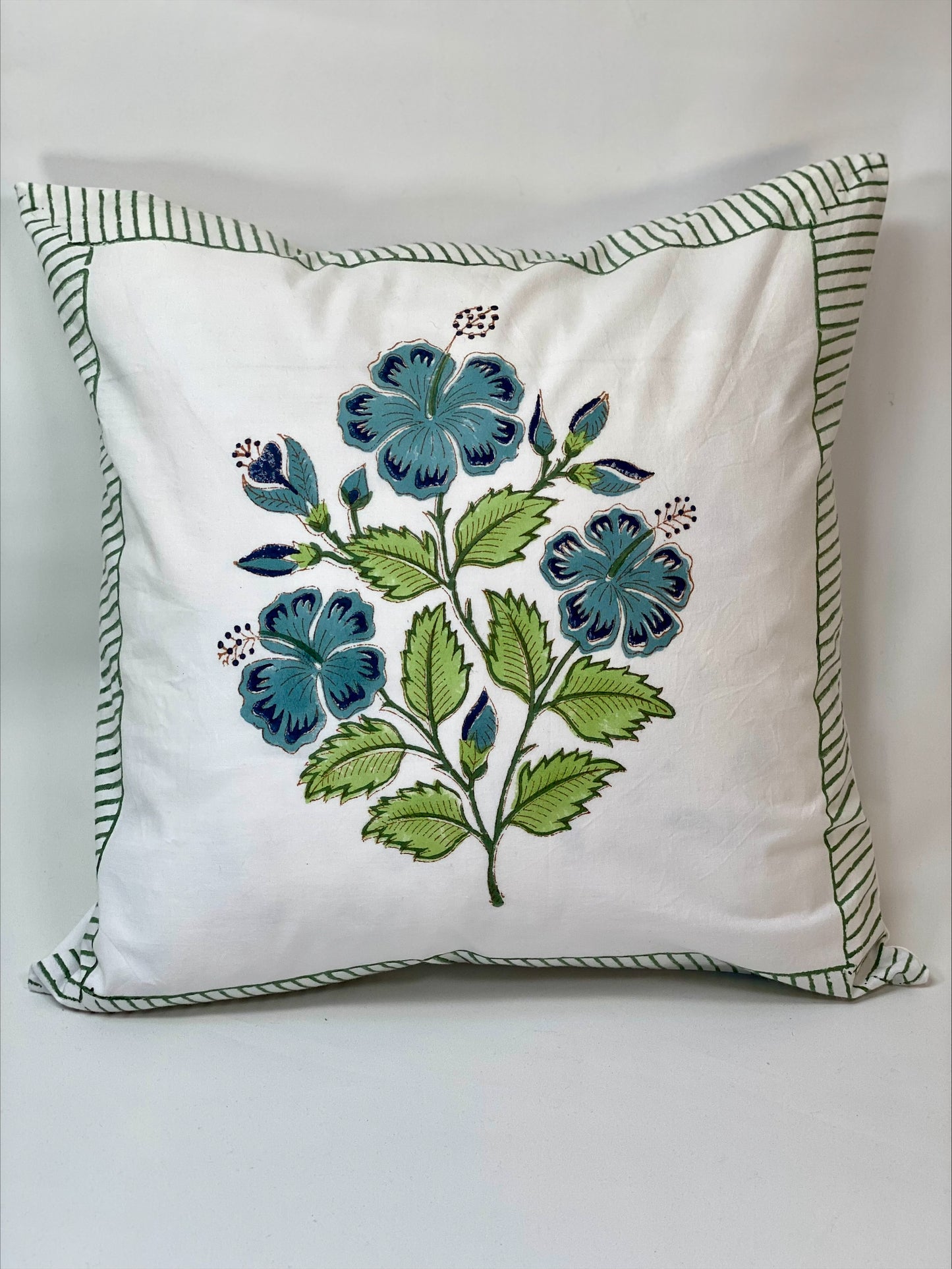 Hand block printed cushion cover - white with large blue flower
