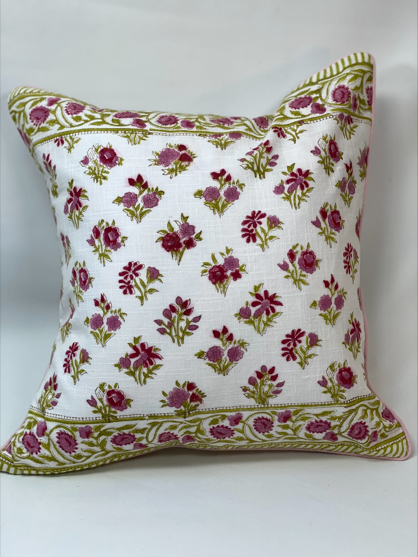 Hand block printed cushion cover - white with small pink flowers