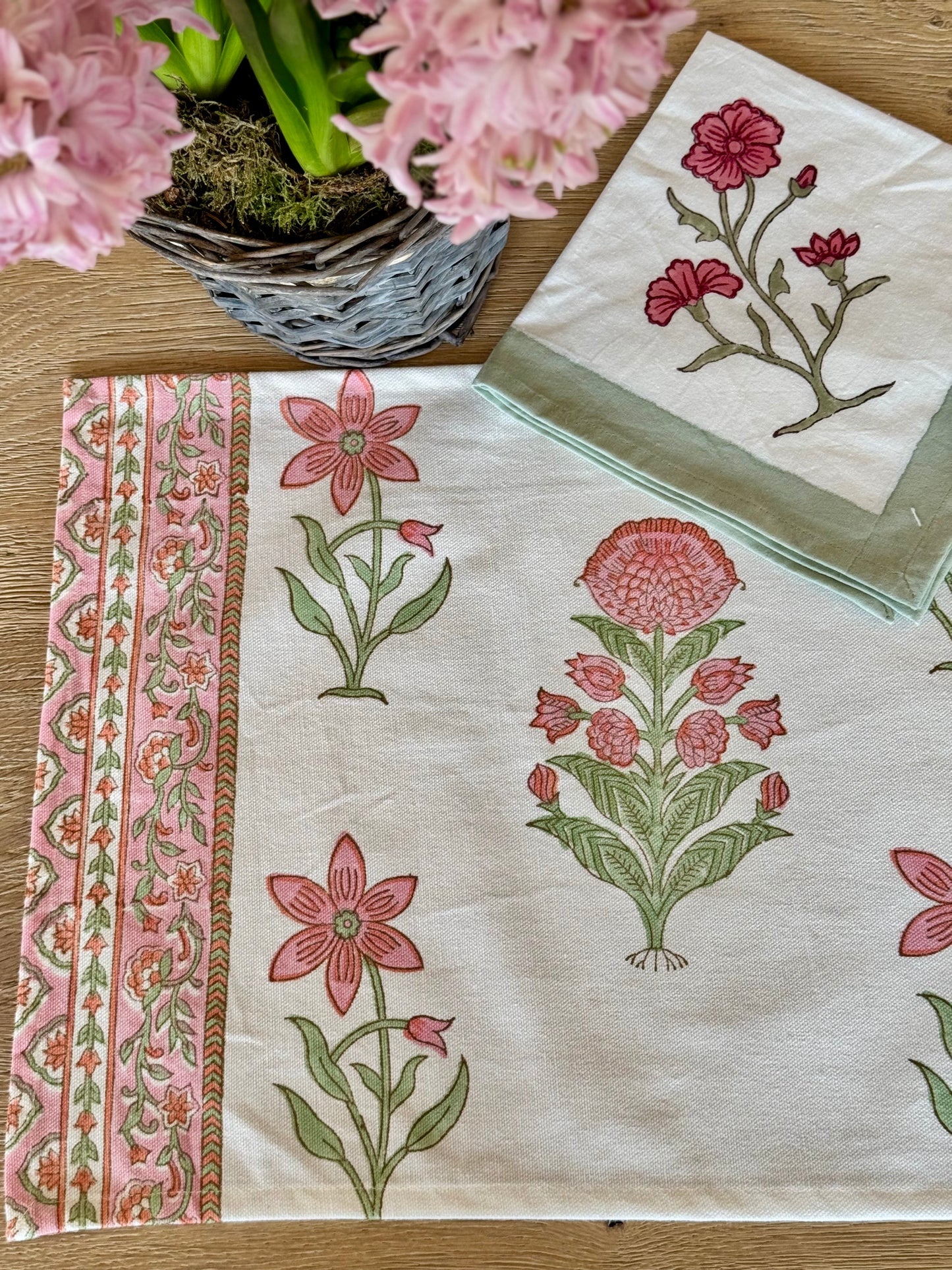 Hand block printed white and pink placemats with matching napkins
