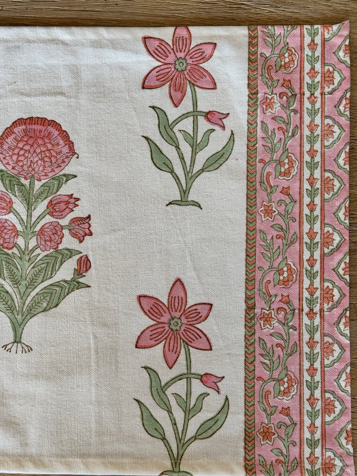 Hand block printed white and pink placemats with matching napkins