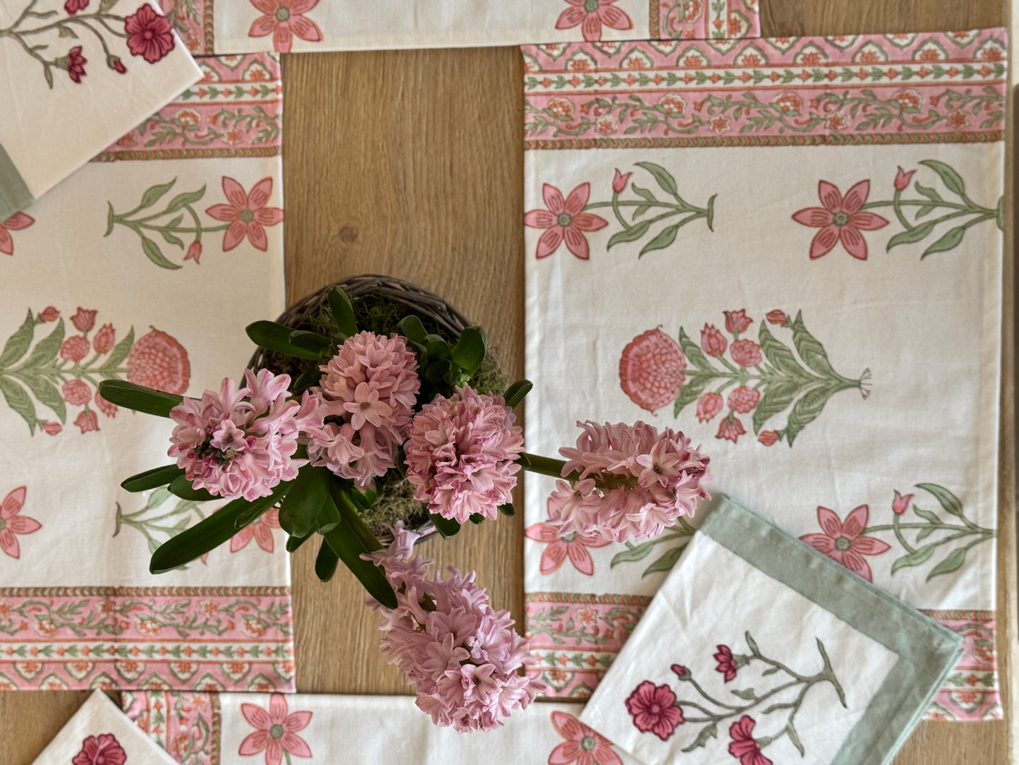 Hand block printed white and pink placemats with matching napkins