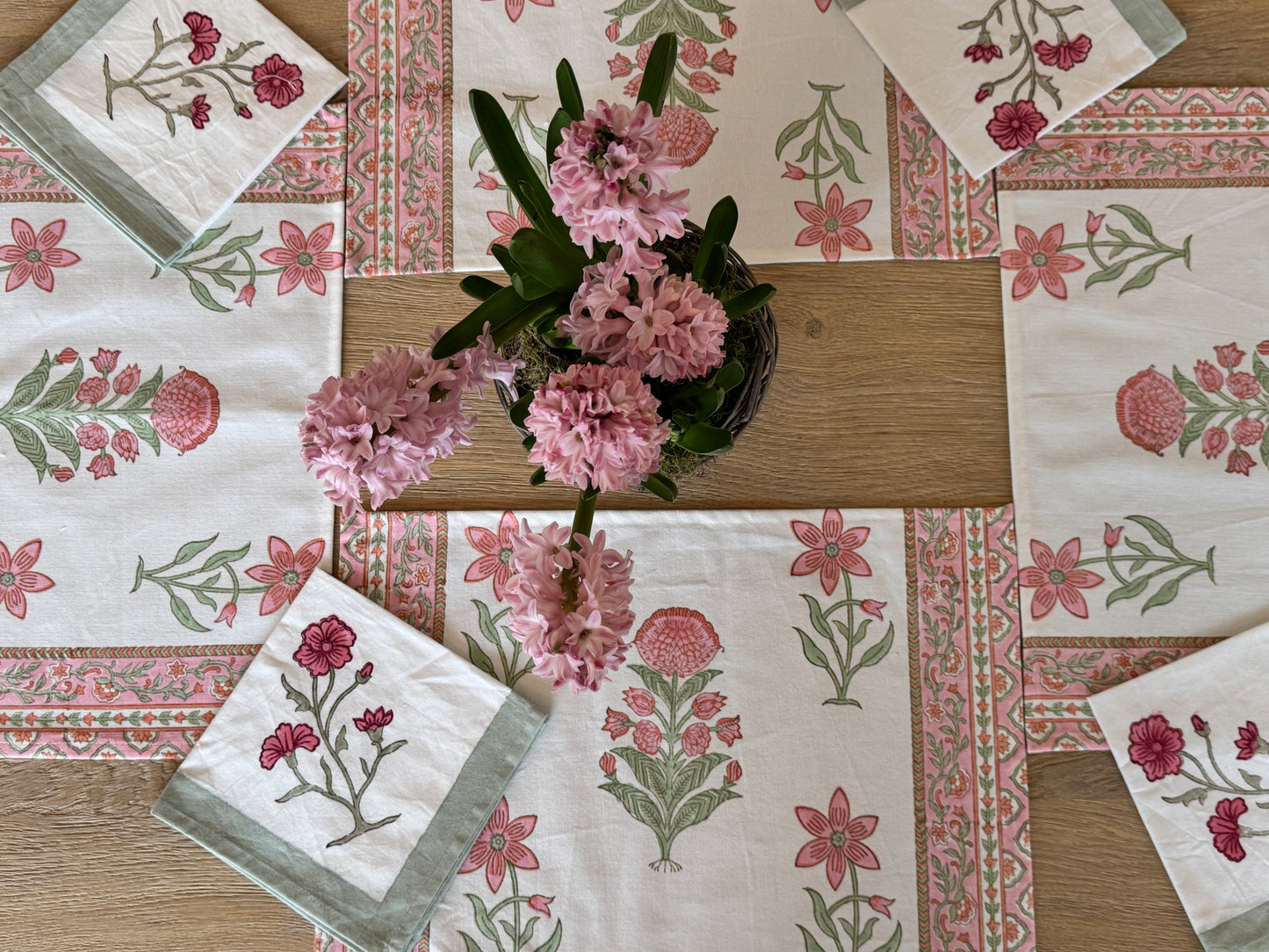 Hand block printed white and pink placemats with matching napkins