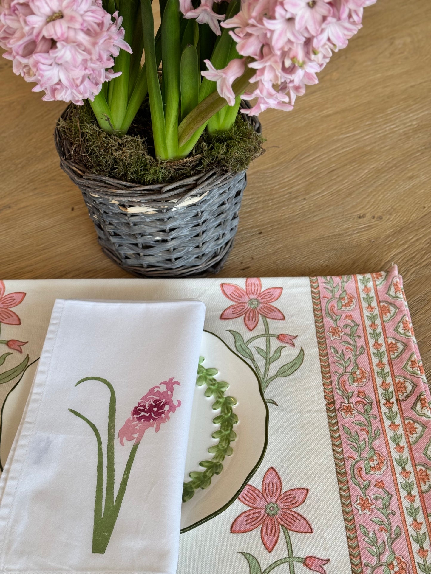 Hand block printed white and pink placemats with matching napkins