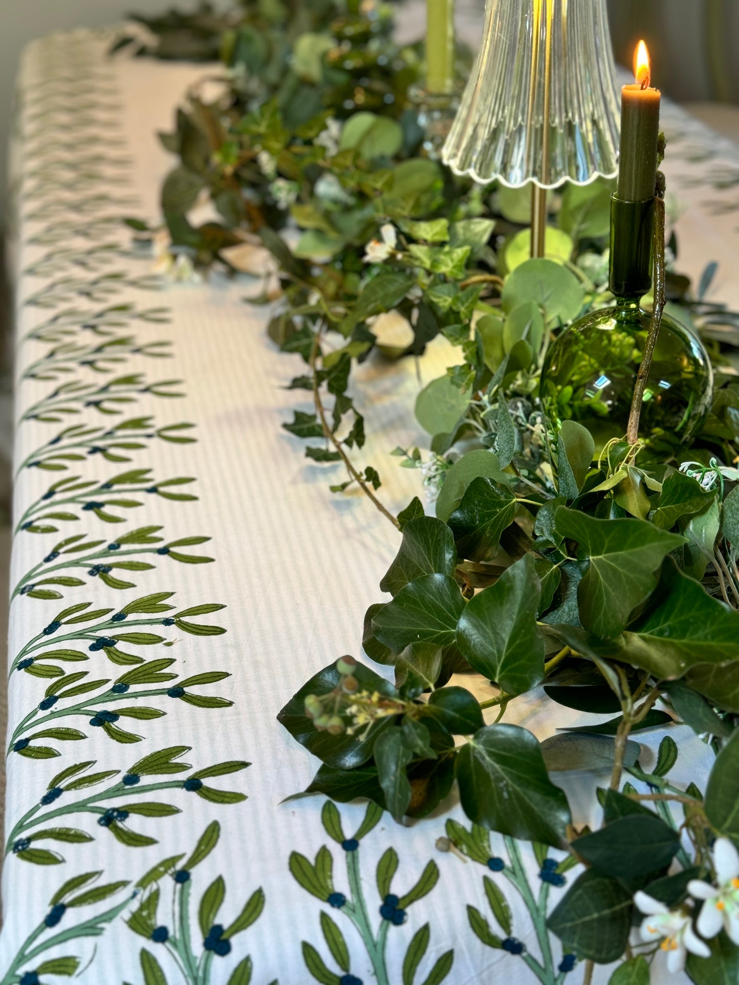 Hand block printed dark green leaf tablecloth