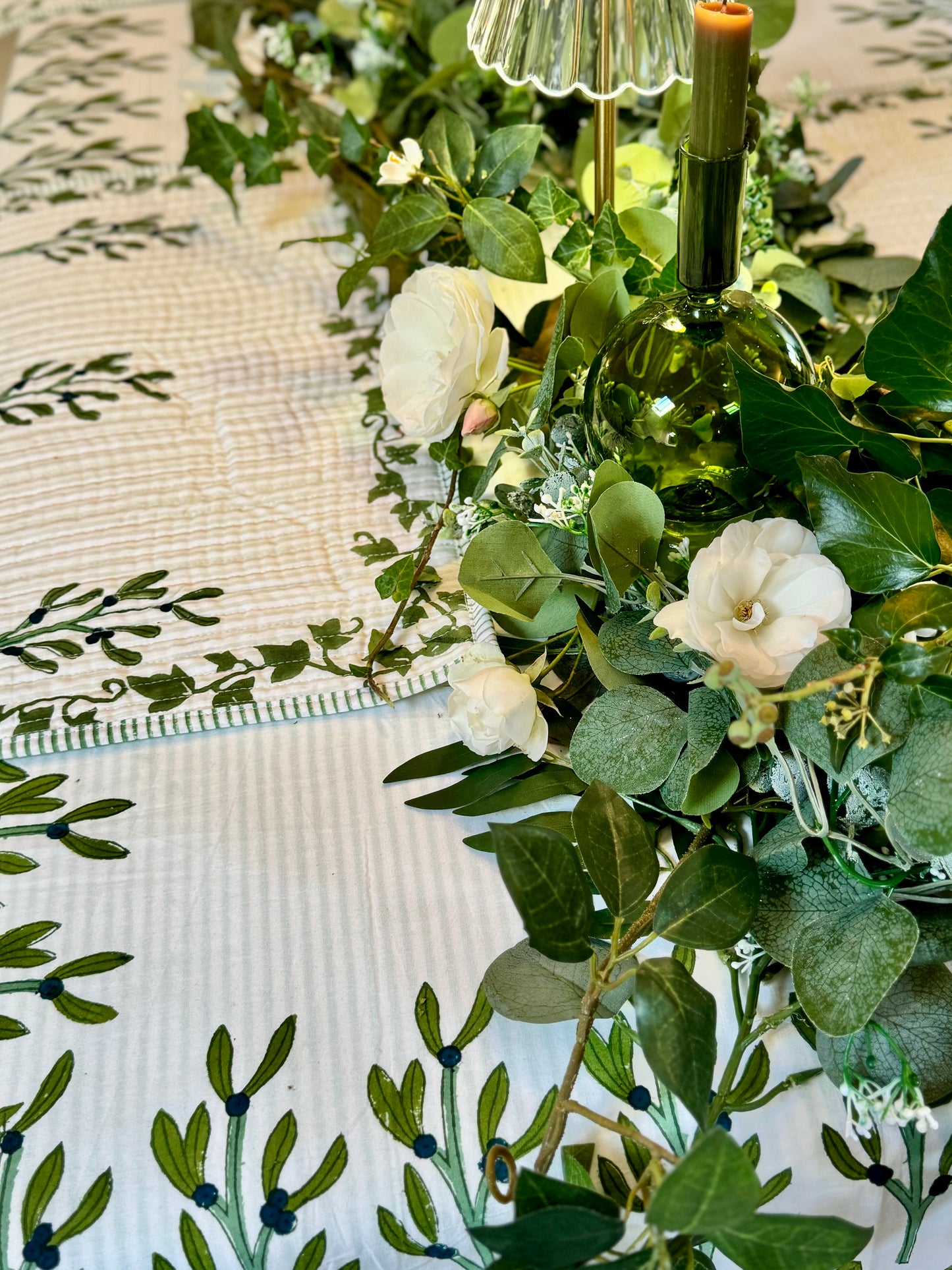 Hand block printed dark green leaf tablecloth