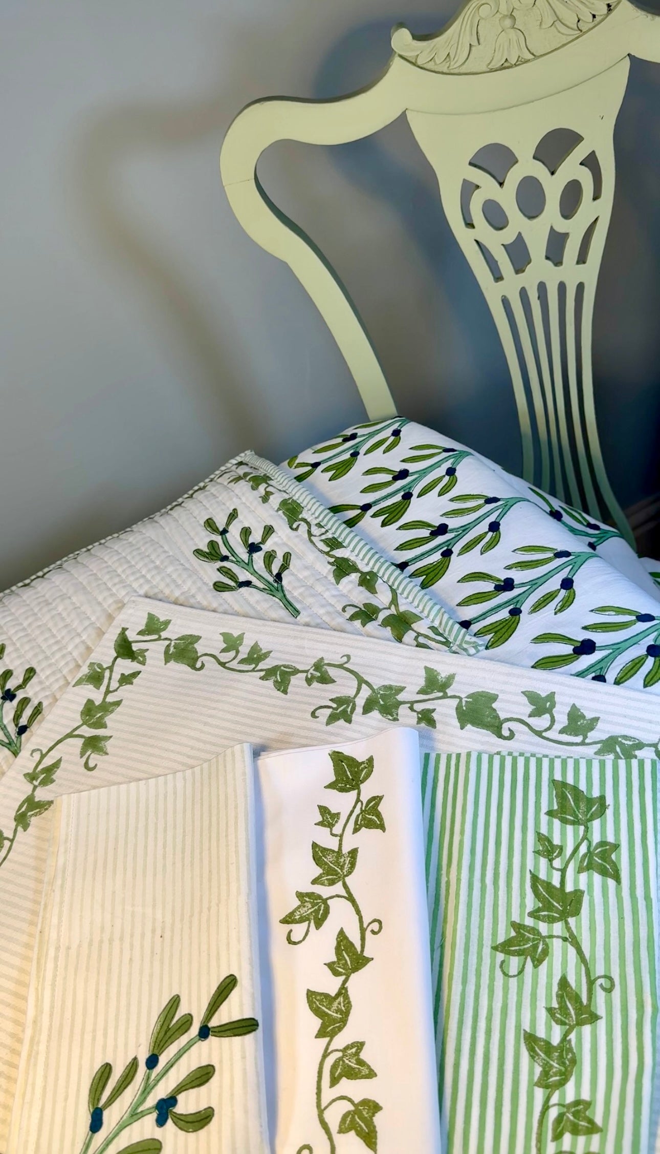 Hand block printed dark green leaf tablecloth