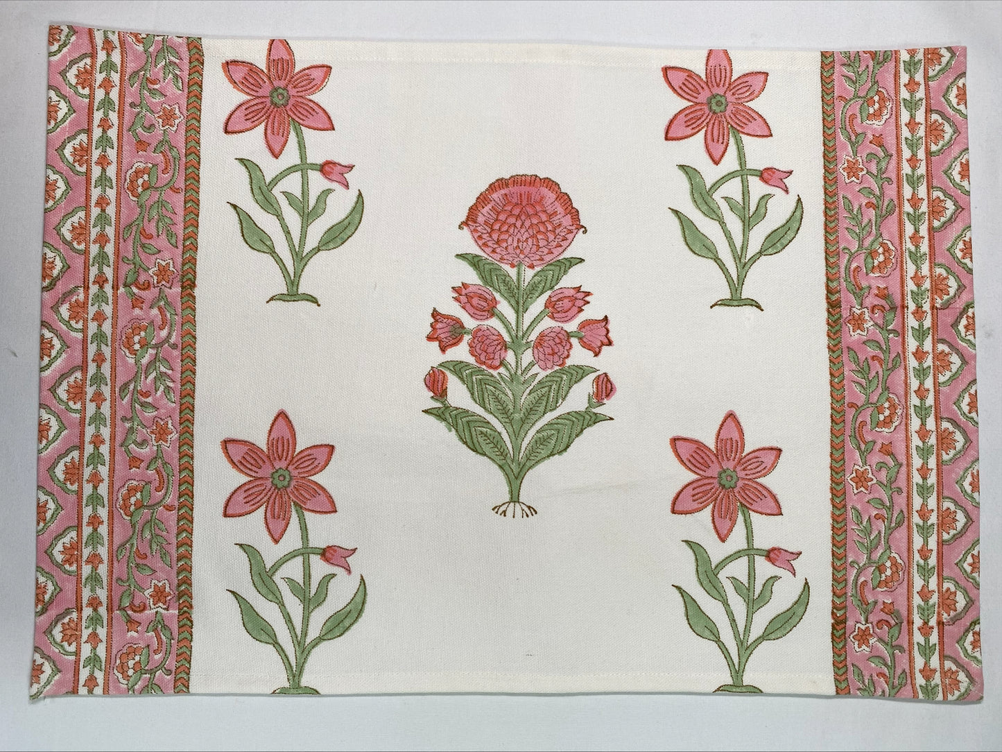 Hand block printed white and pink placemats with matching napkins