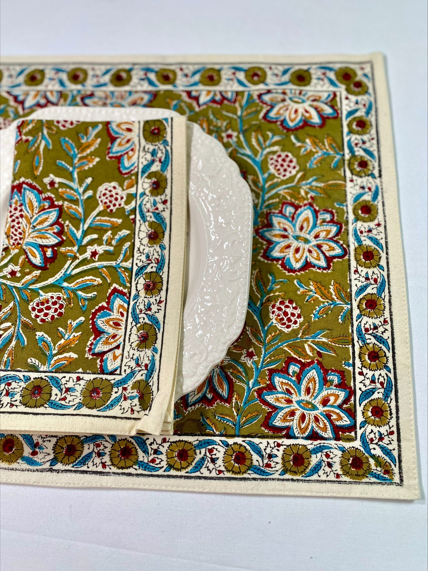 Hand block printed green placemats with matching napkins