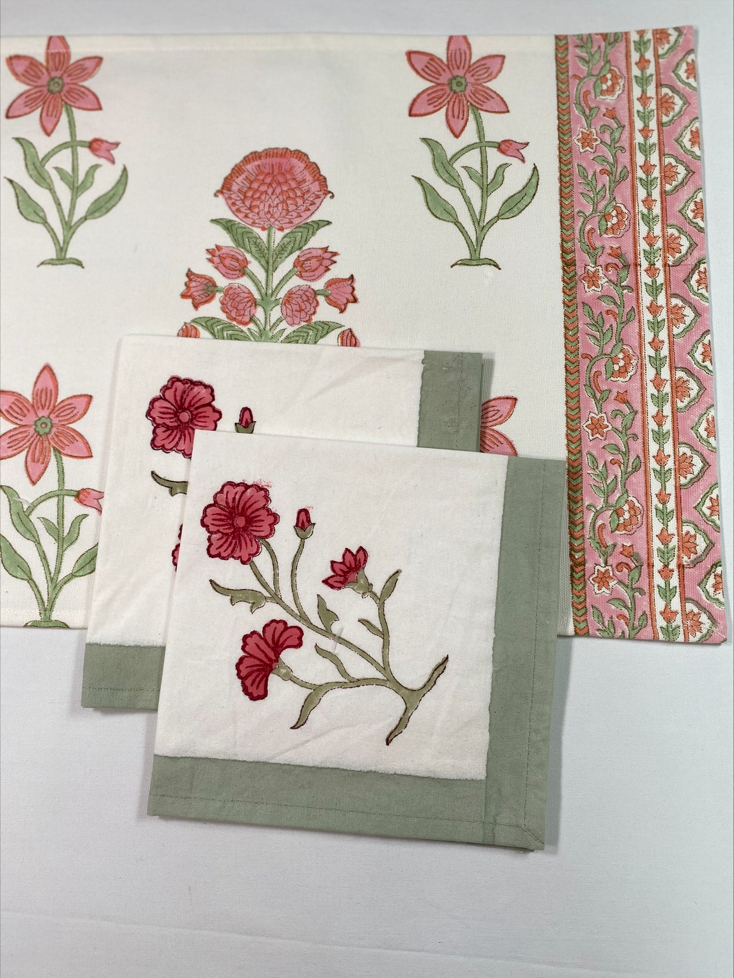 Hand block printed white and pink placemats with matching napkins