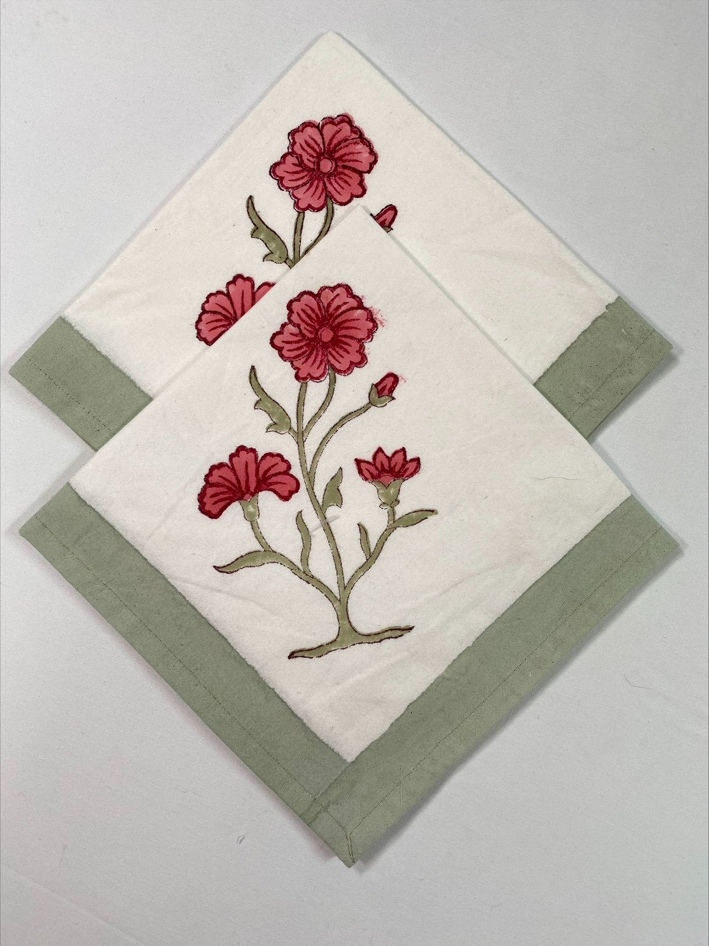 Hand block printed white and pink placemats with matching napkins
