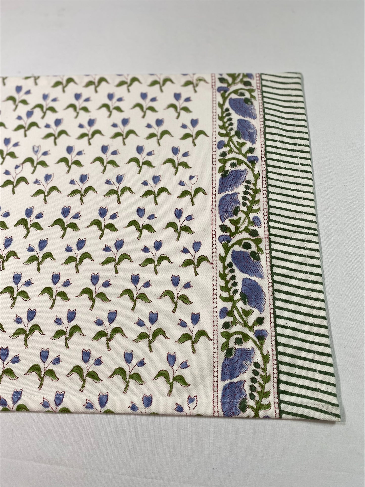 Hand block printed white and blue placemats with matching napkins