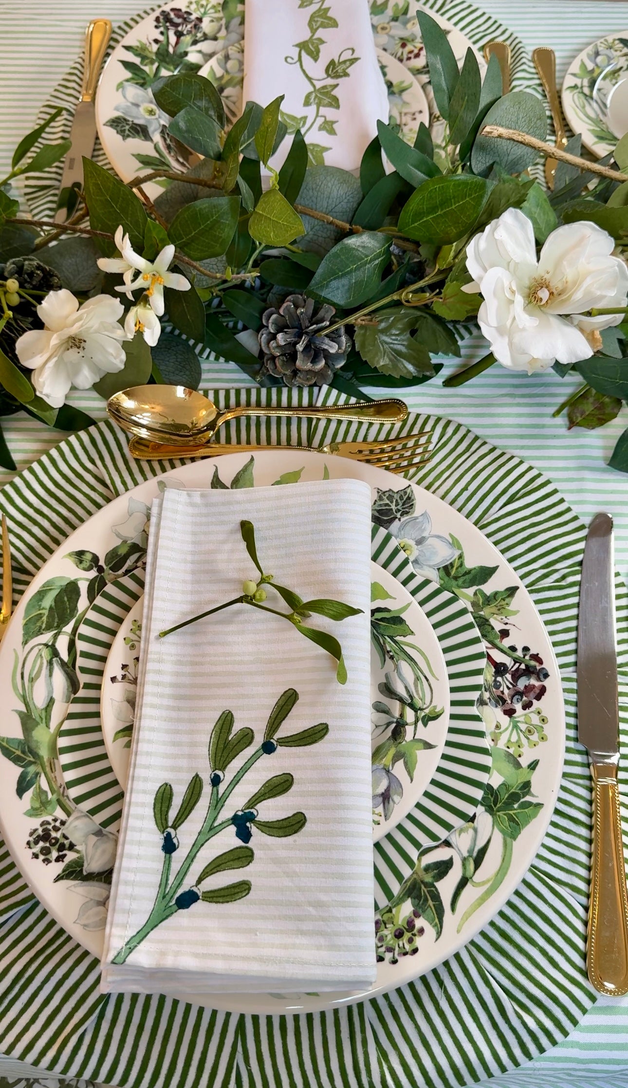 Hand block printed dark green mistletoe napkins - set of 2