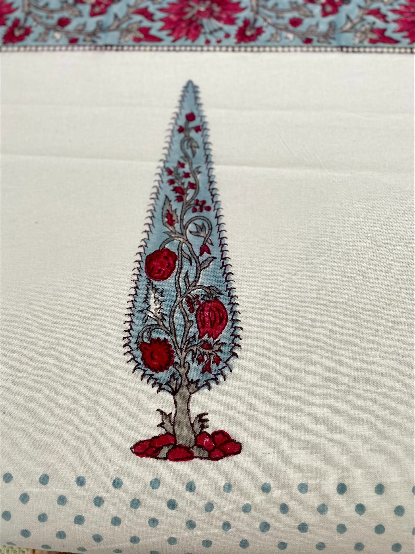 Hand block printed blue and red tablecloth