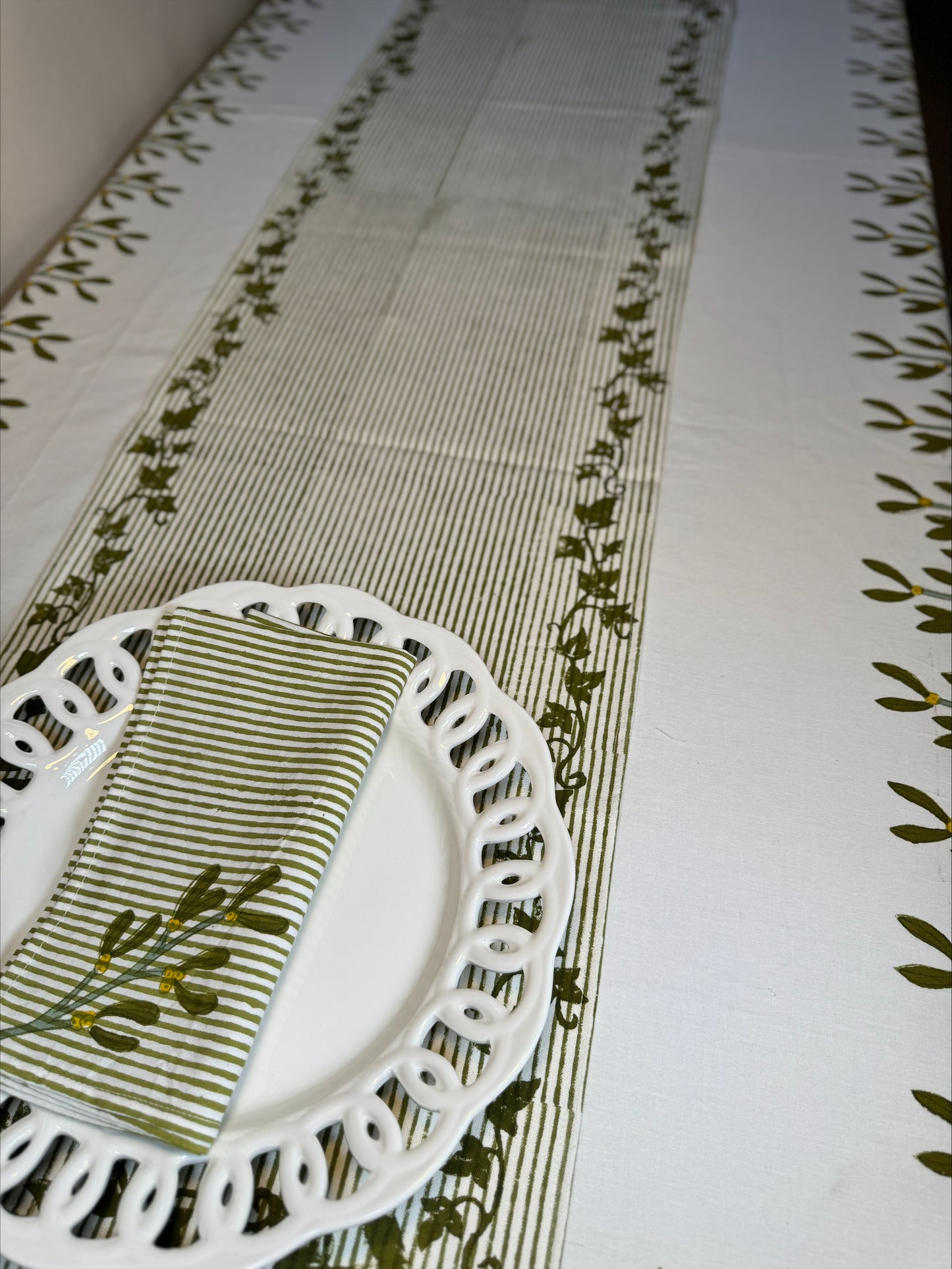 Hand block printed olive green ivy table runner