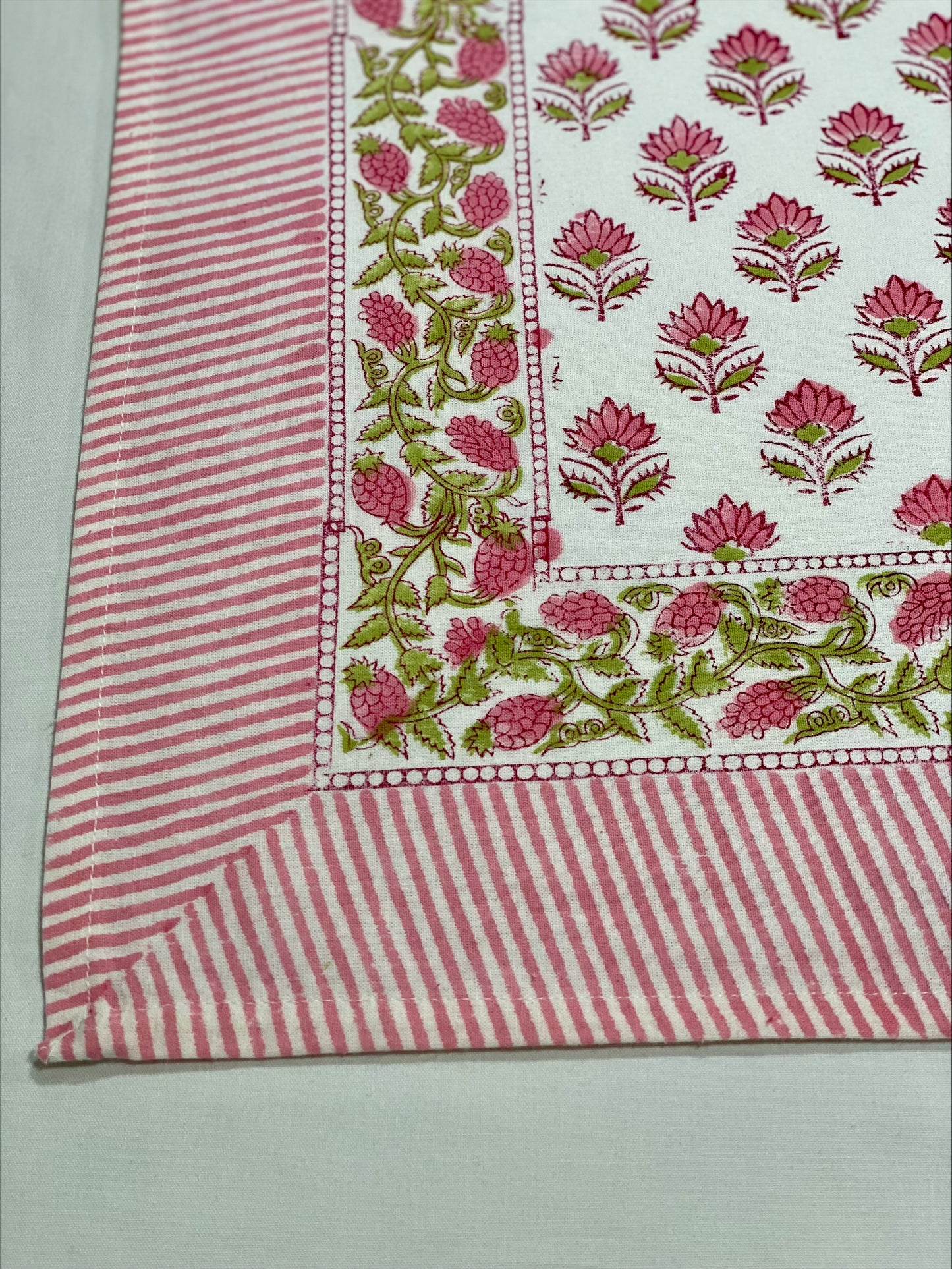 Hand block printed white and pink tablecloth with a set of 6 matching napkins