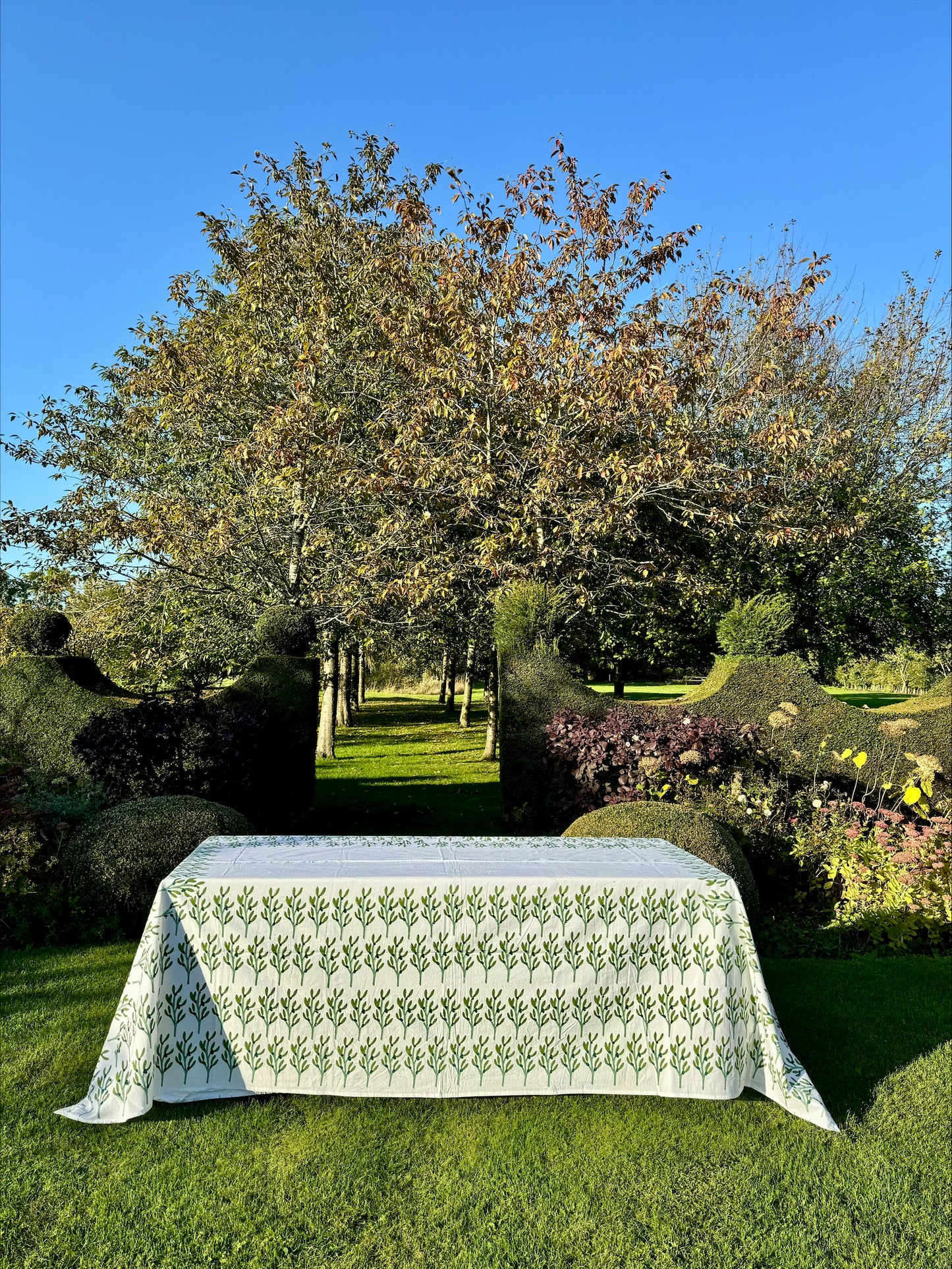 Hand block printed dark green leaf tablecloth
