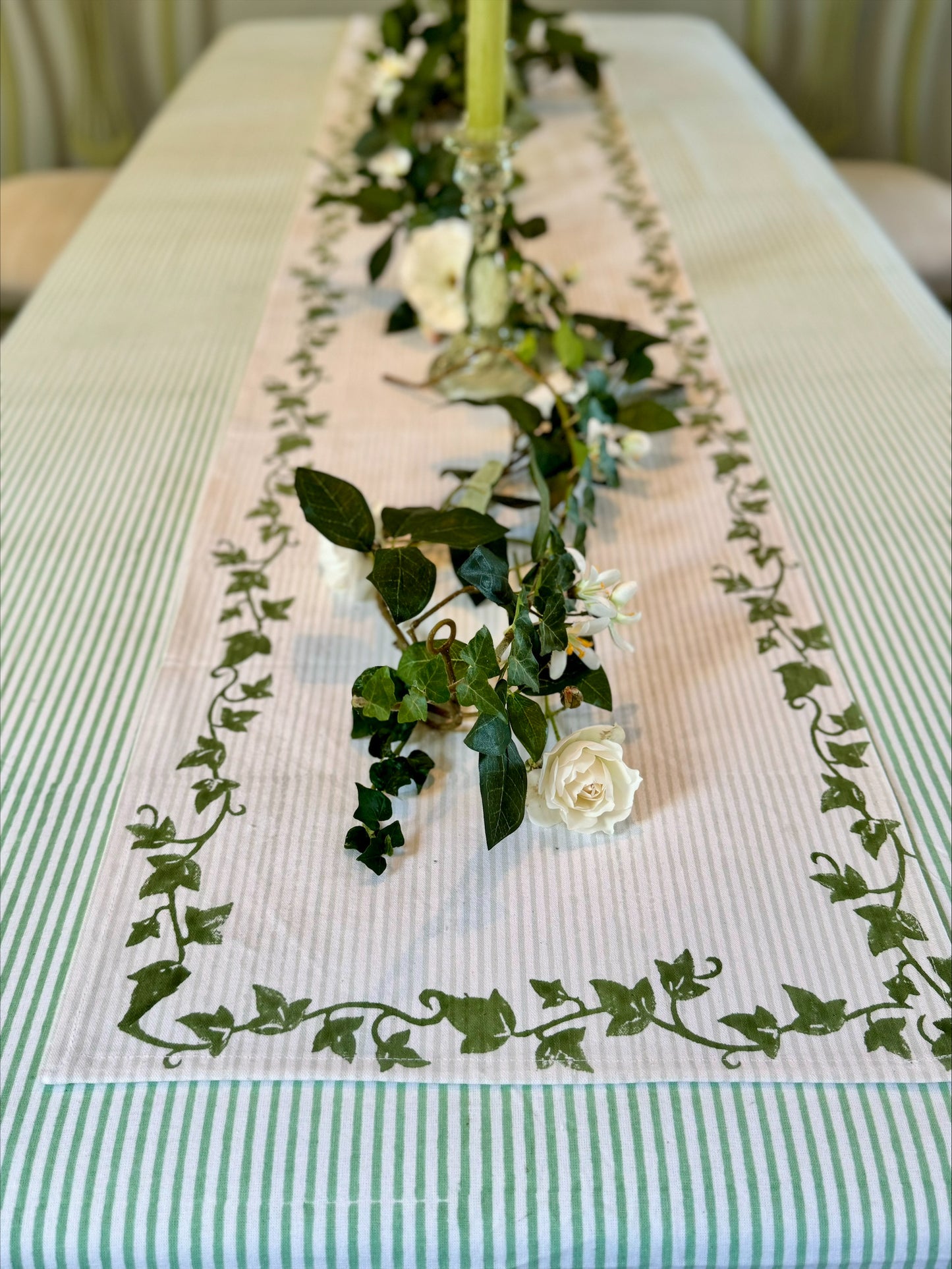 Hand block printed dark green ivy table runner