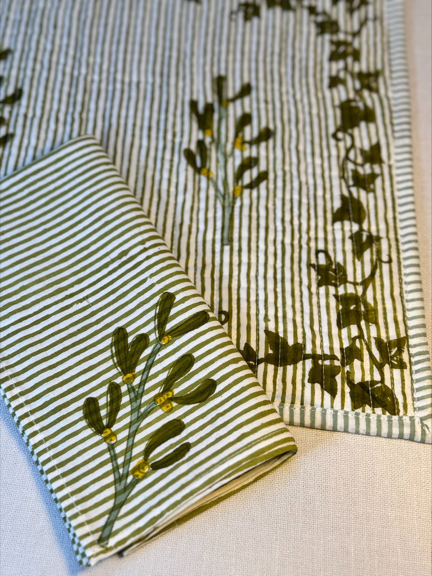Hand block printed olive green mistletoe napkins - set of 2