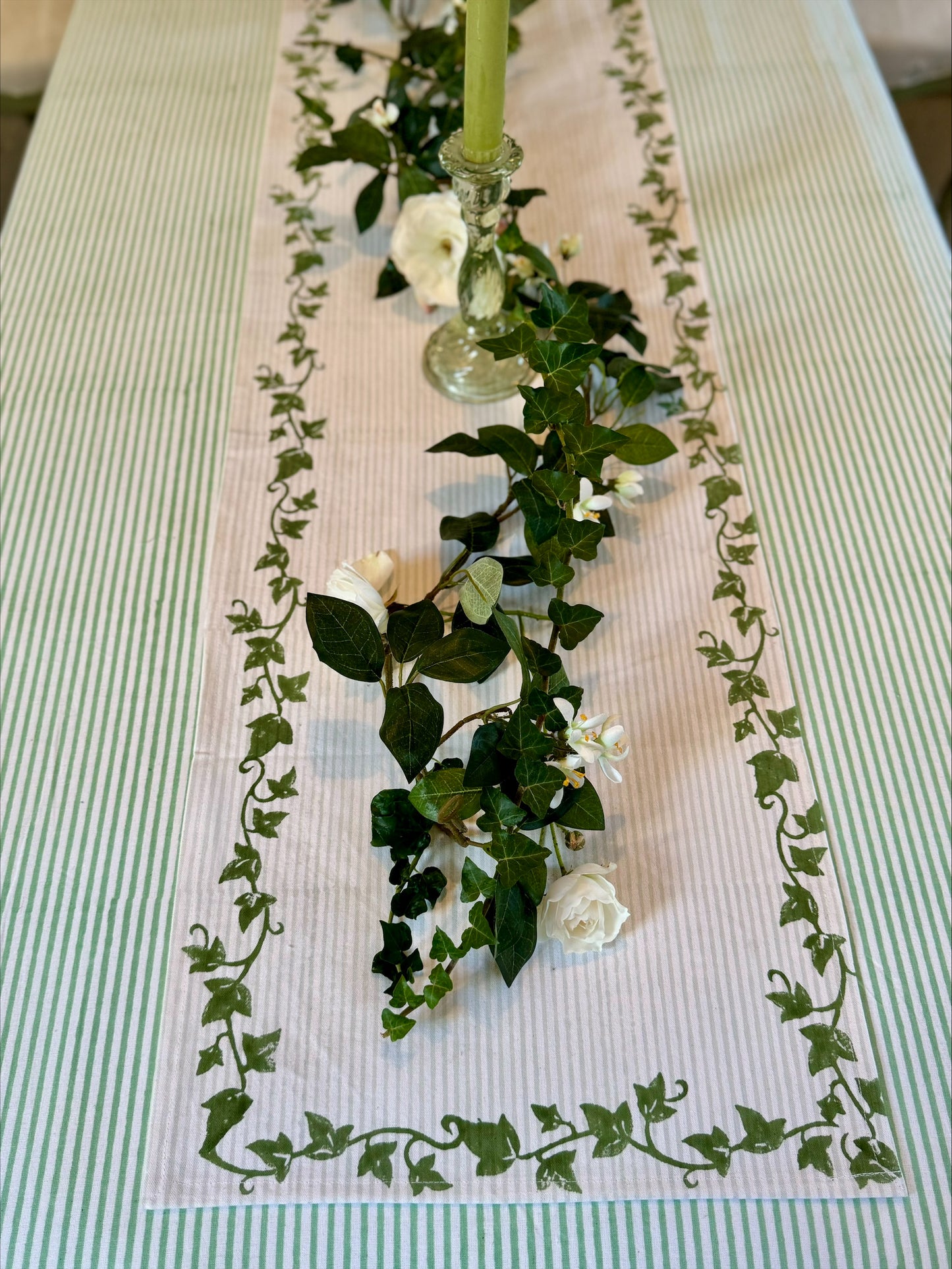 Hand block printed dark green ivy table runner