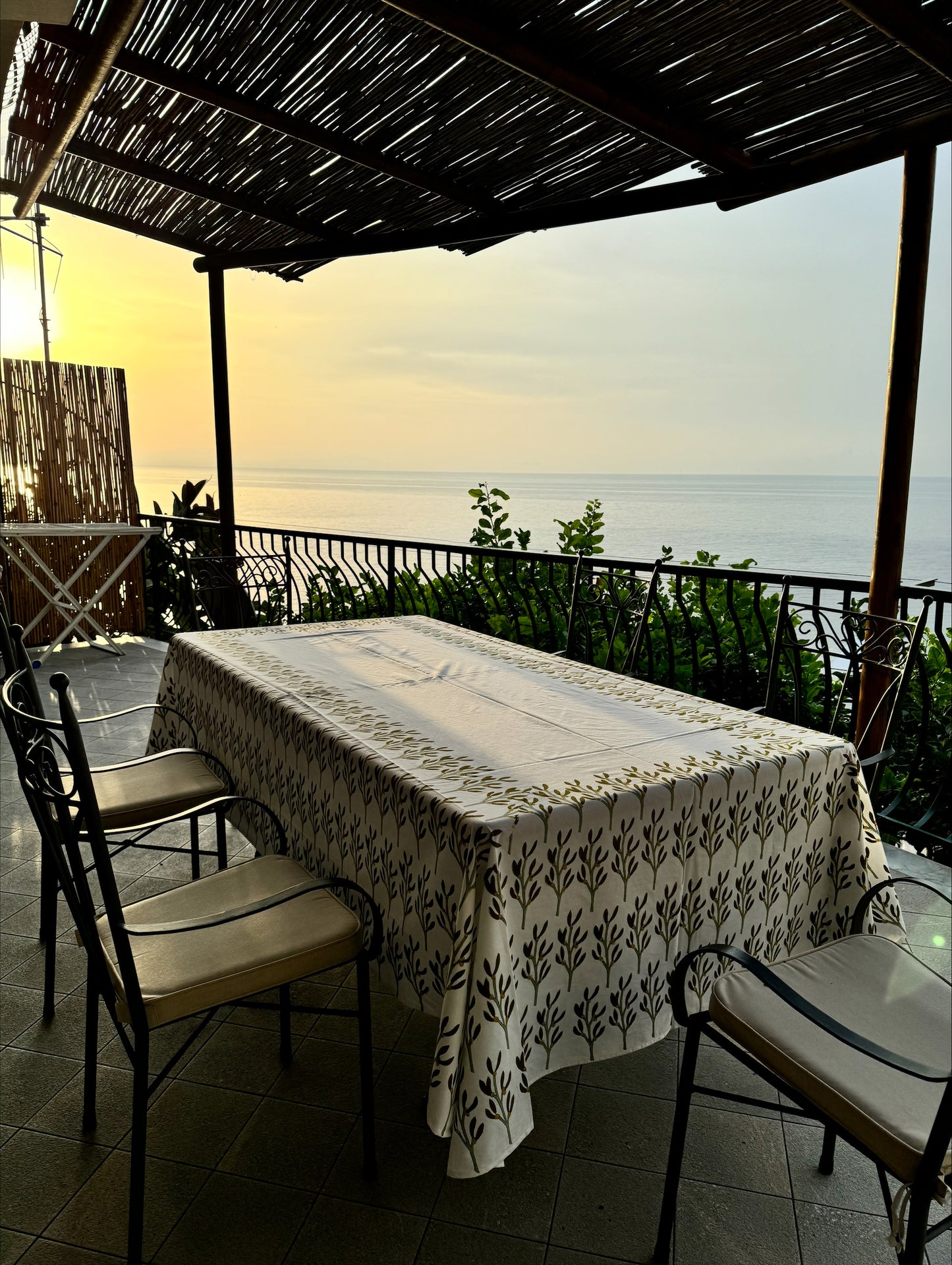 Hand block printed olive green leaf tablecloth