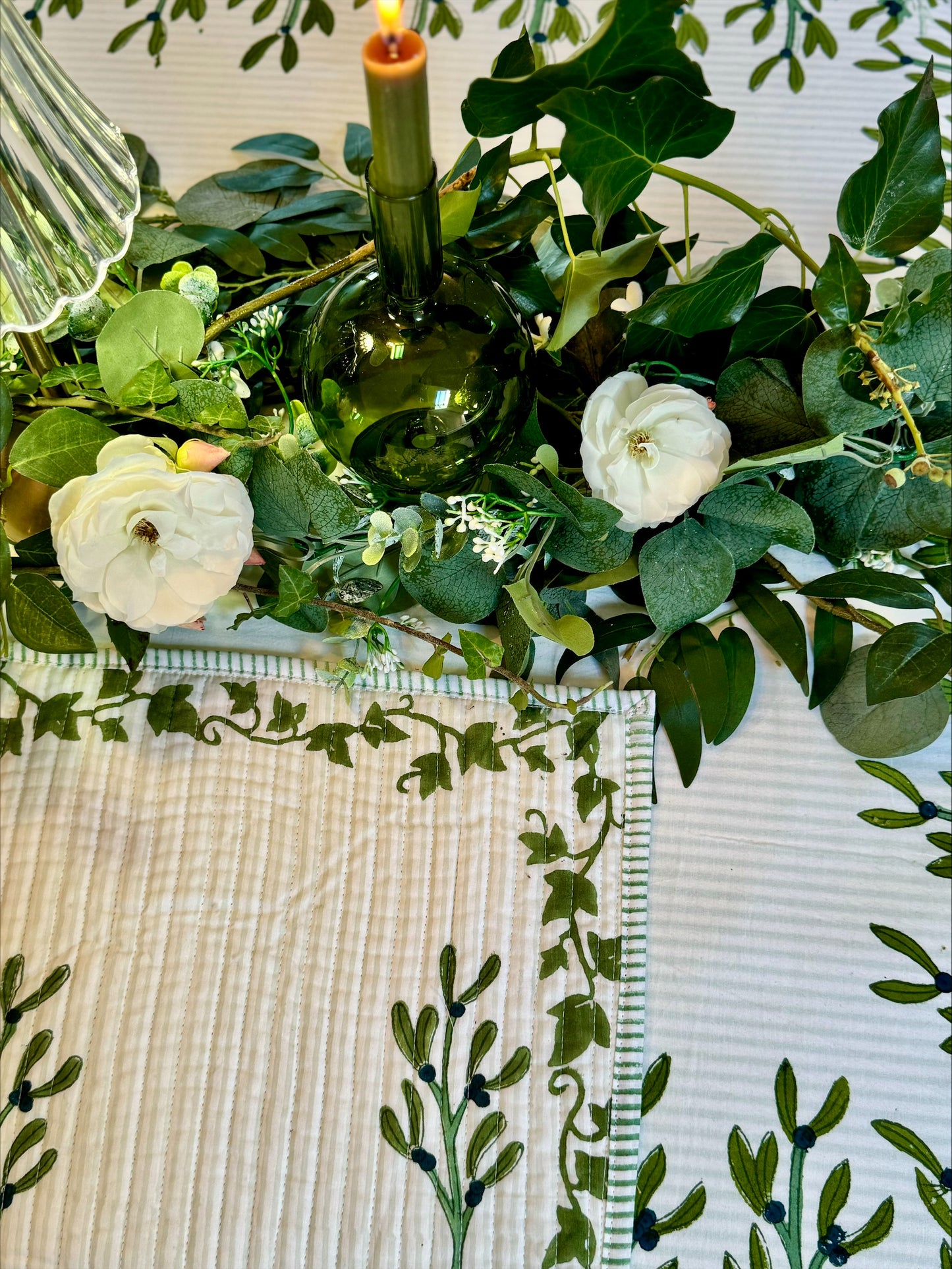 Hand block printed green reversible, quilted placemats - set of 2