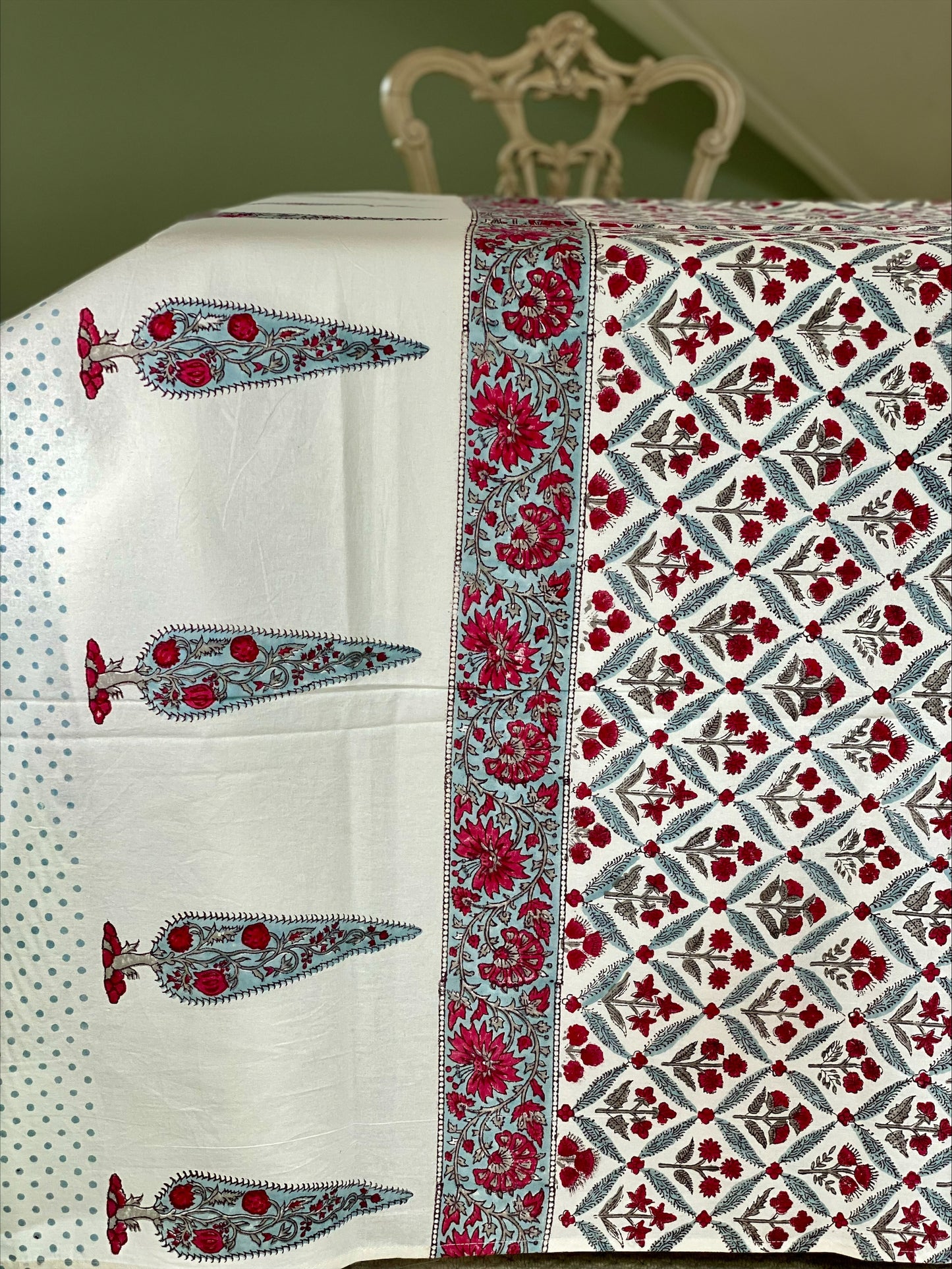 Hand block printed blue and red tablecloth
