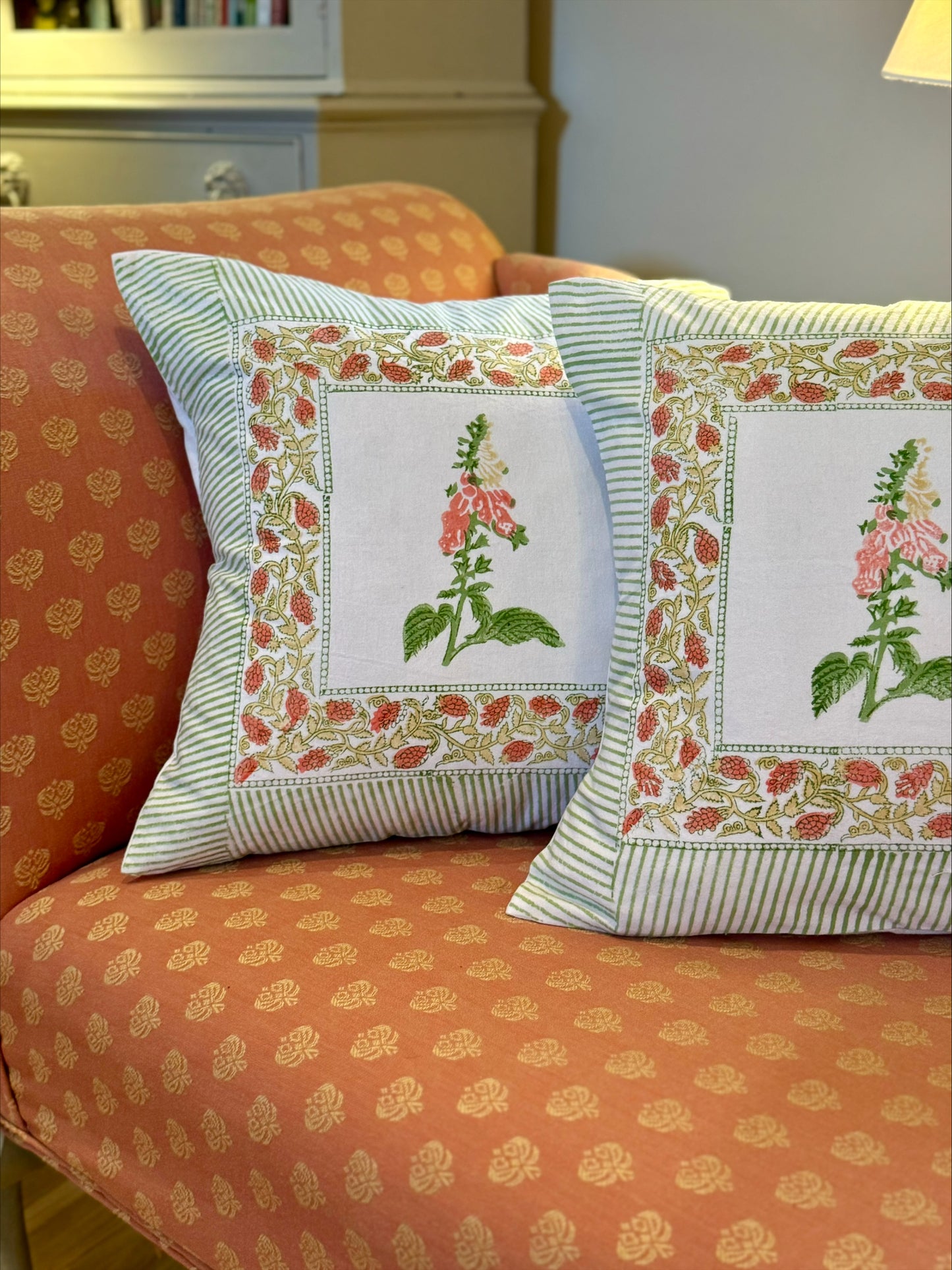 Hand block printed peach foxglove cushion cover