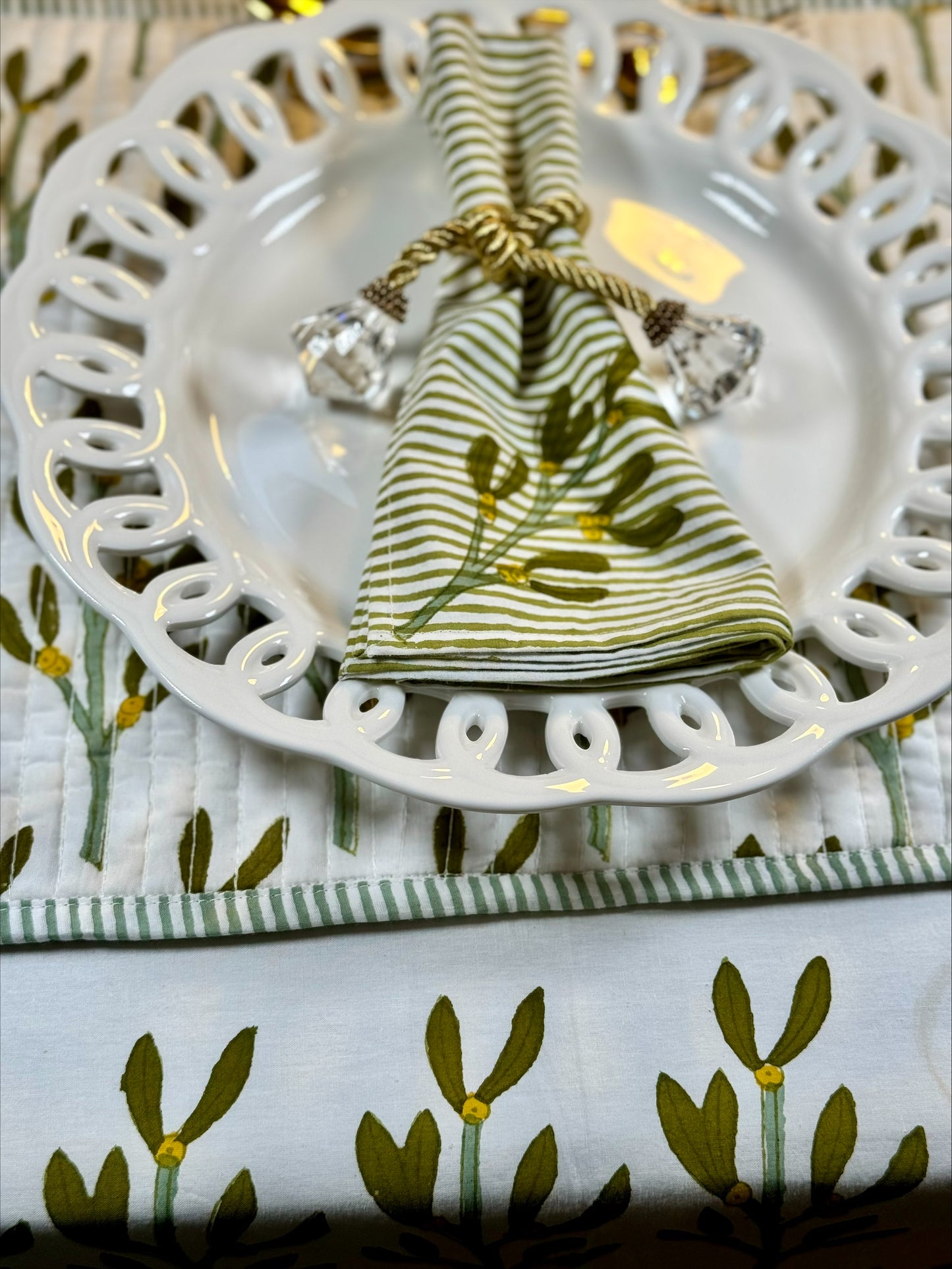 Hand block printed olive green mistletoe napkins - set of 2