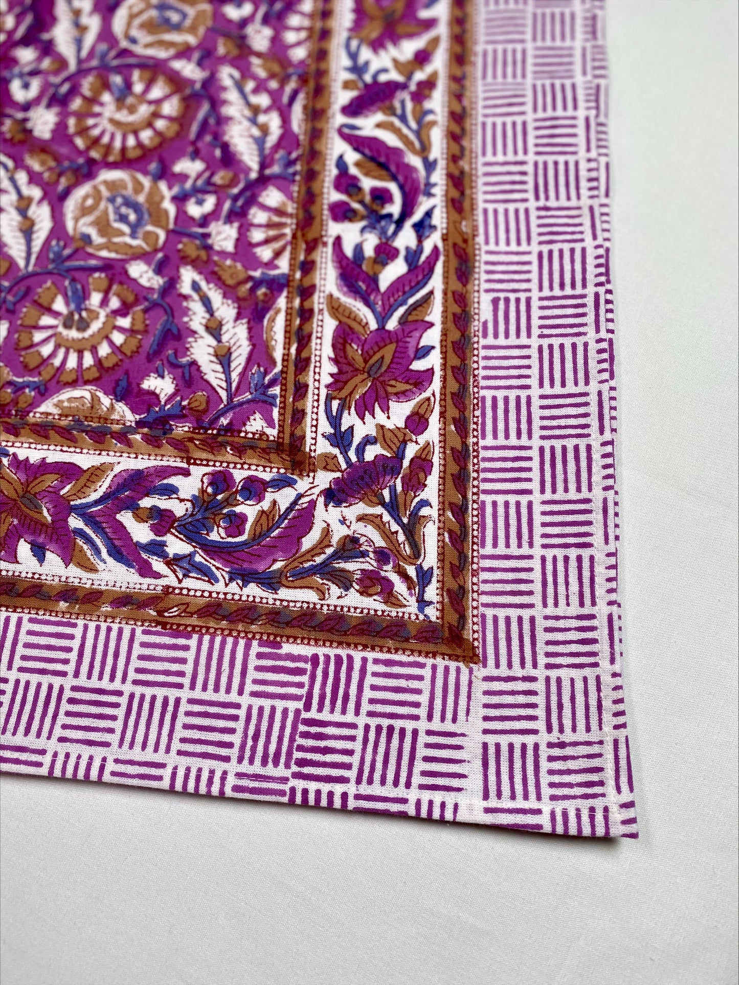 Hand block printed purple tablecloth with a set of 6 matching napkins