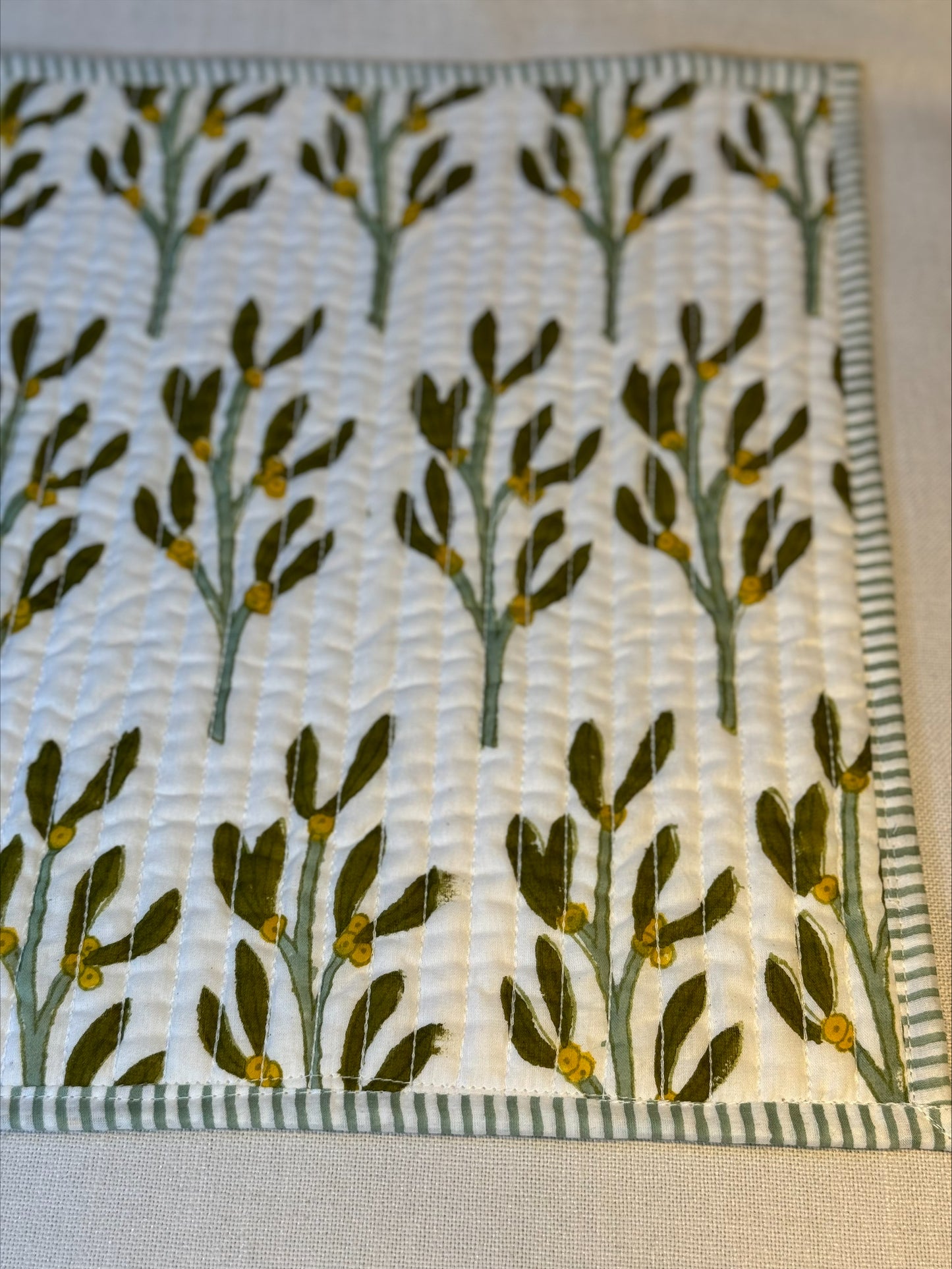 Hand block printed olive-green quilted, reversible placemats - set of 2