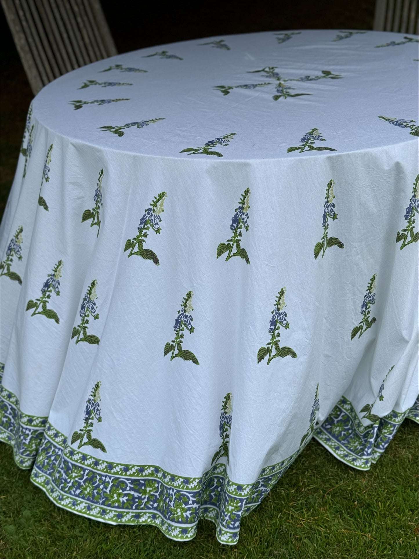 Hand block printed purple foxglove round tablecloth