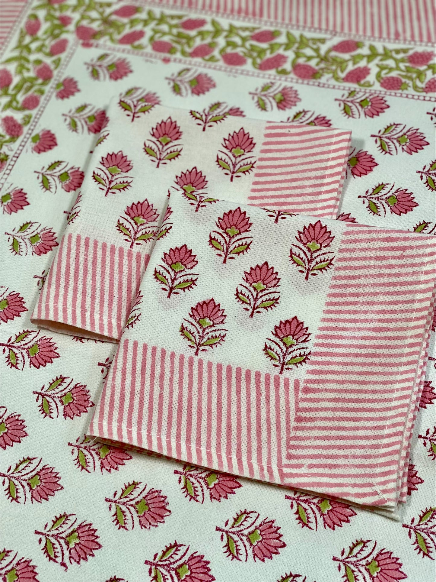Hand block printed white and pink tablecloth with a set of 6 matching napkins
