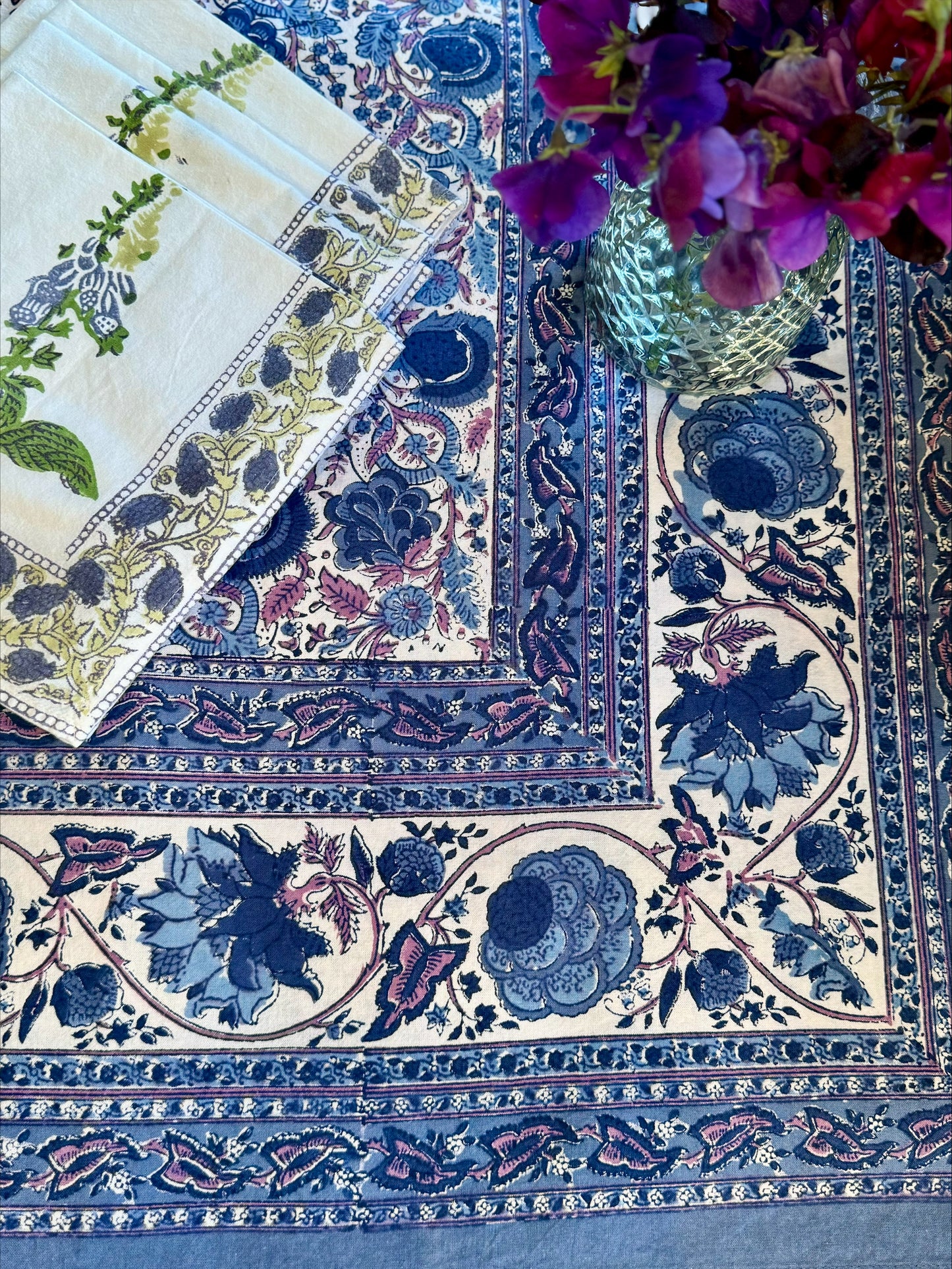 Hand block printed blue floral tablecloth