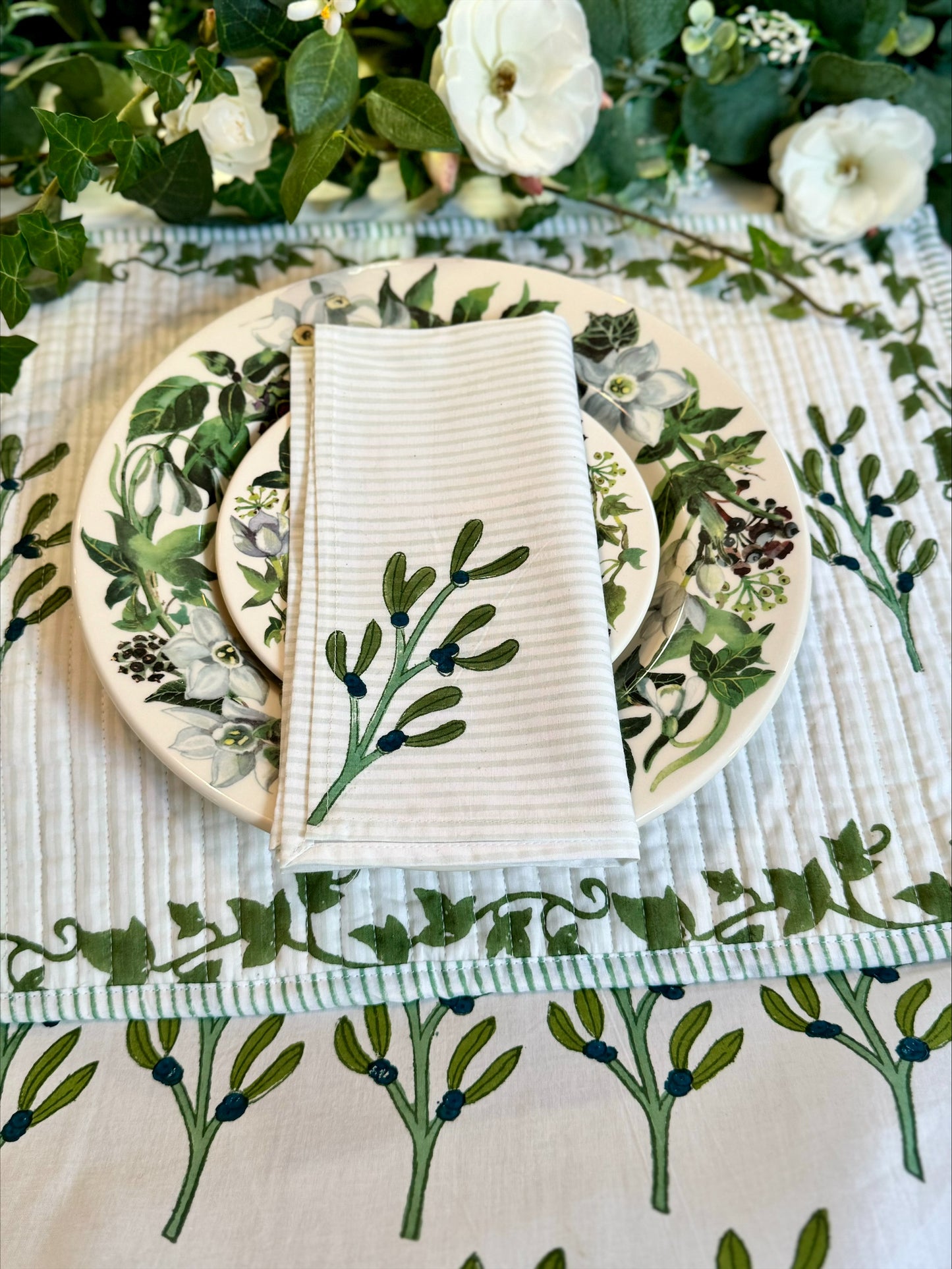 Hand block printed dark green mistletoe napkins - set of 2
