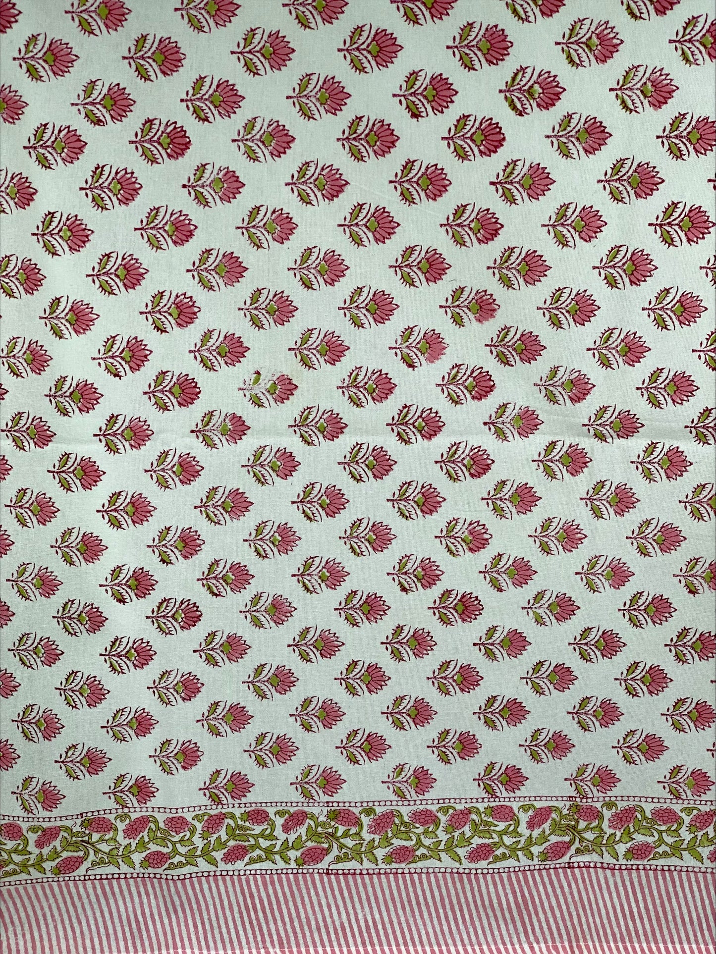 Hand block printed white and pink tablecloth with a set of 6 matching napkins