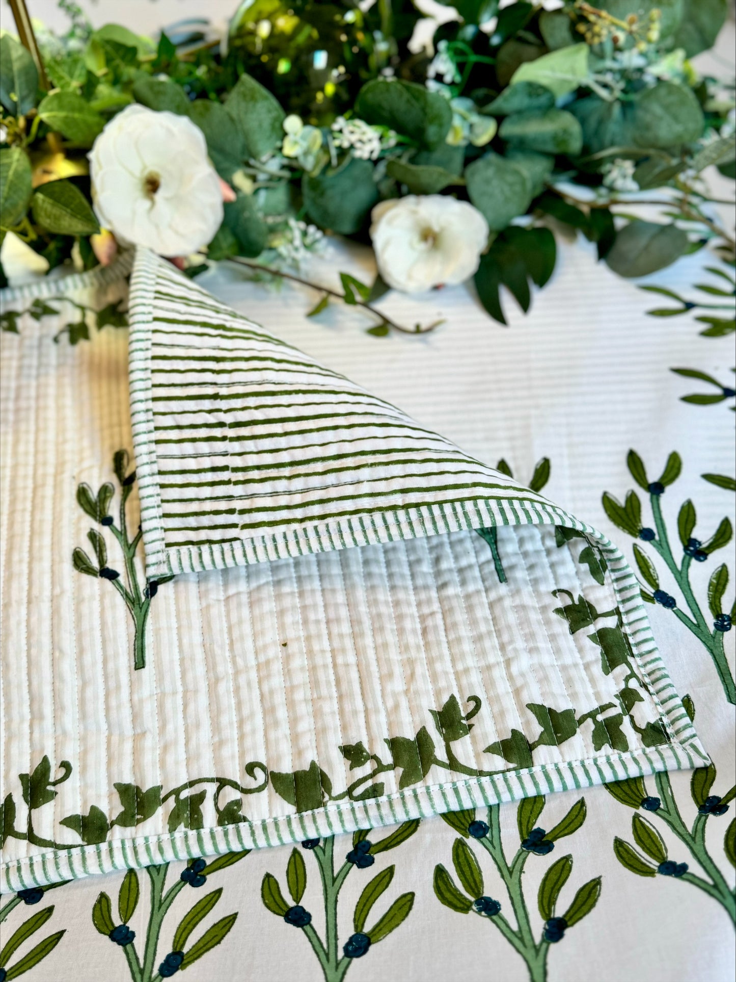 Hand block printed green reversible, quilted placemats - set of 2