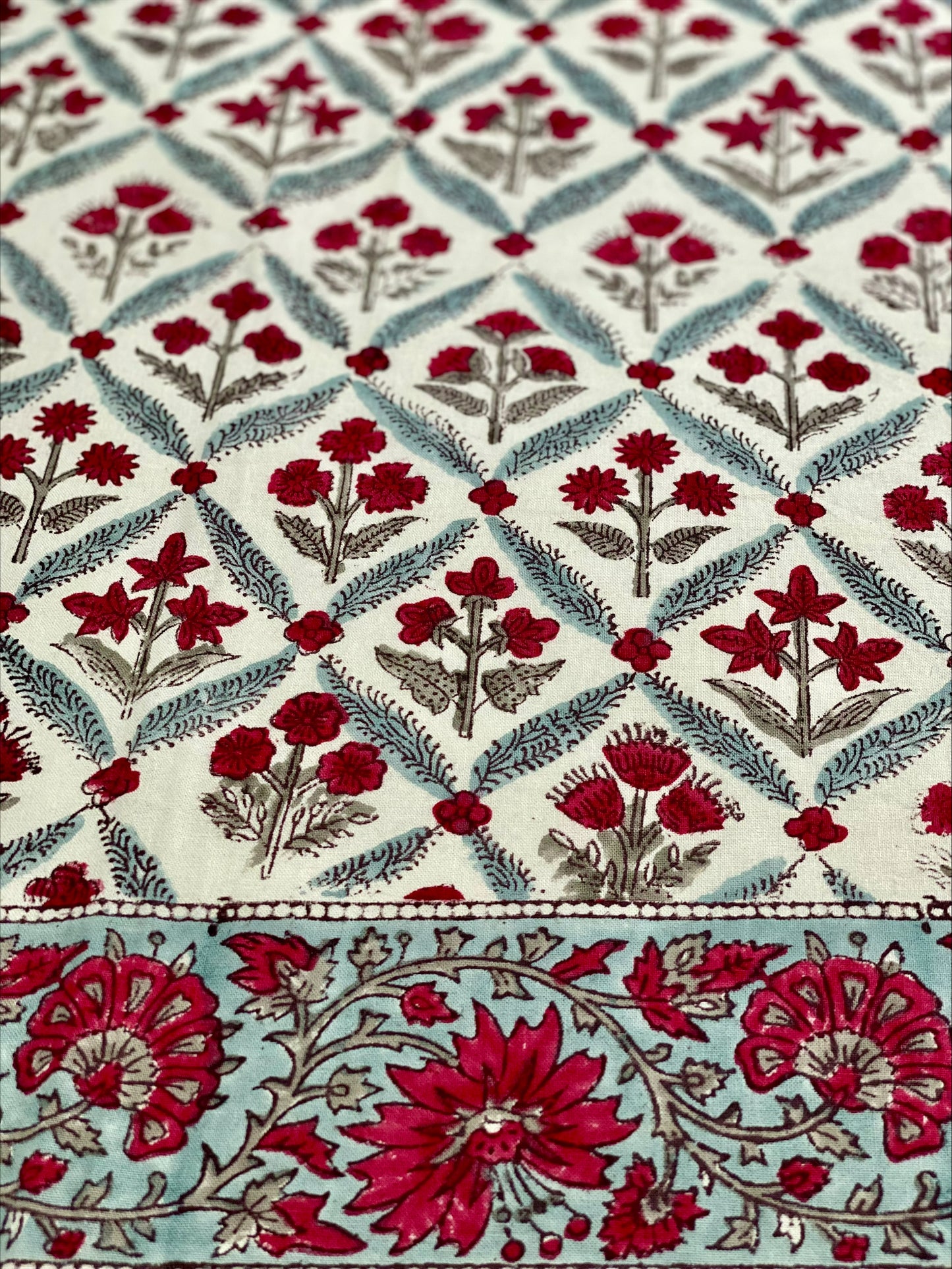 Hand block printed blue and red tablecloth