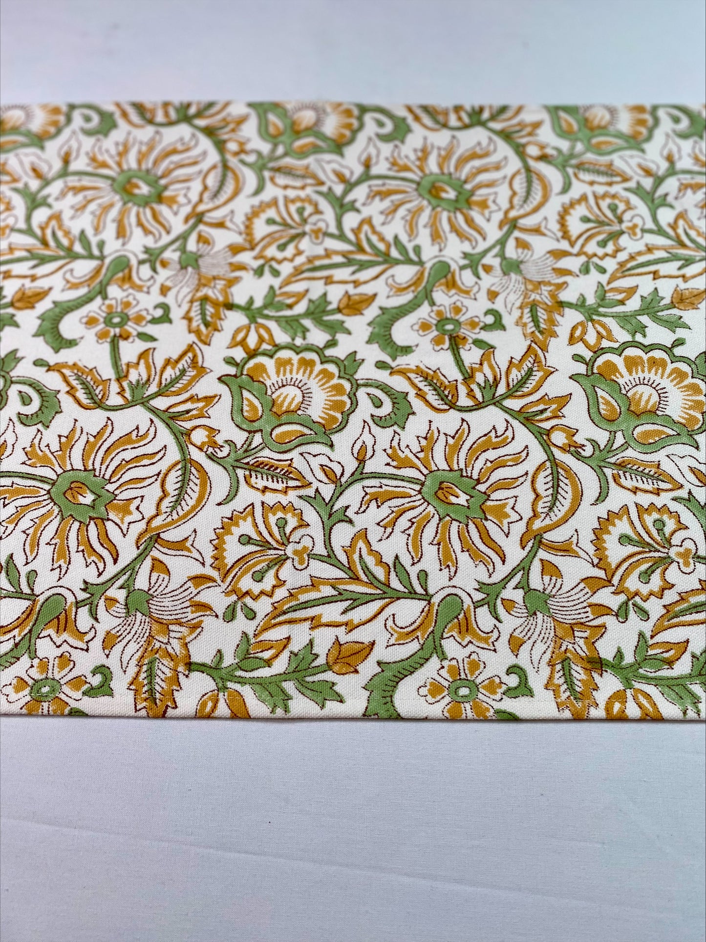 Hand block printed peach and green table runner