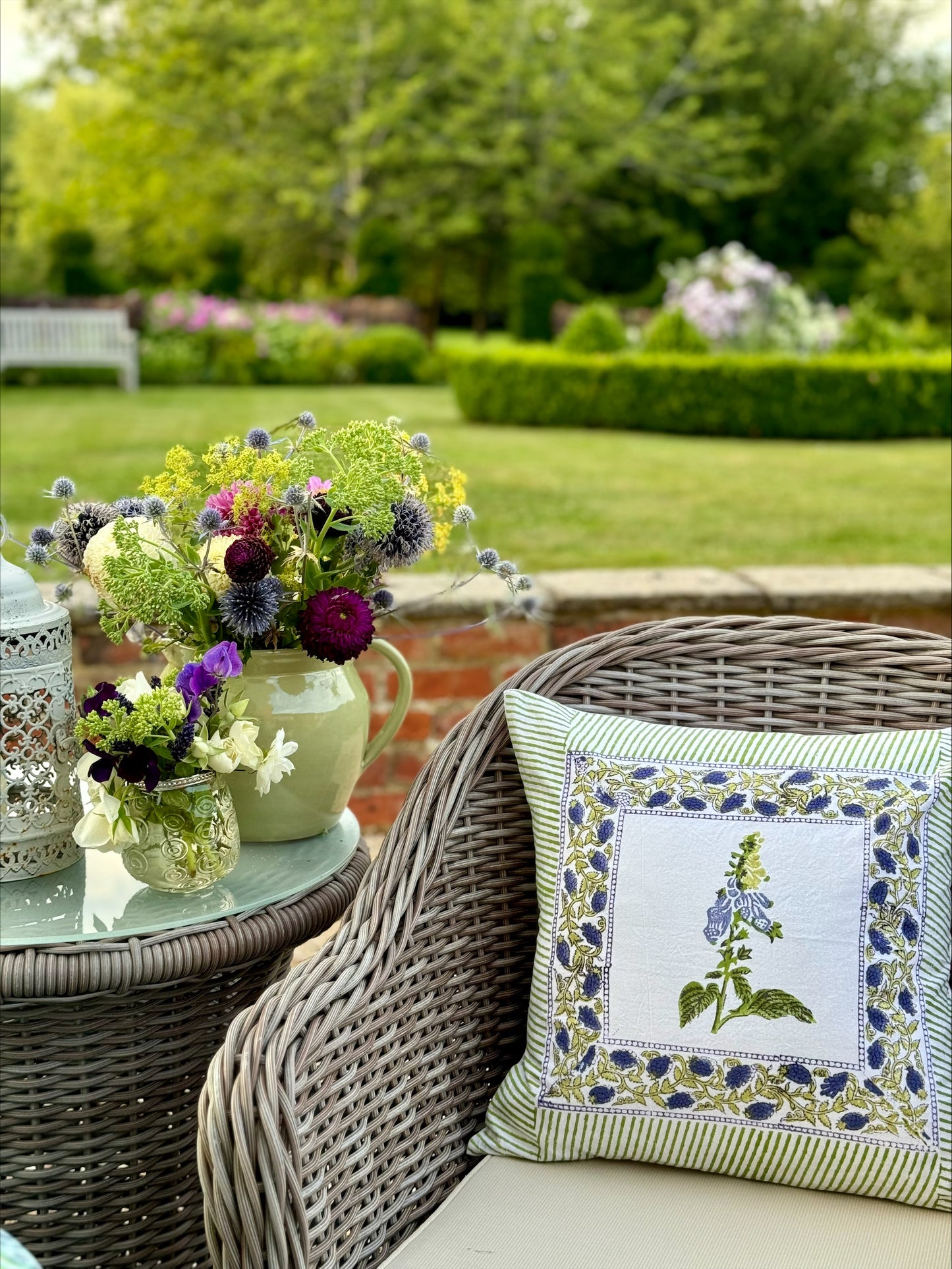 Hand block printed purple foxglove cushion cover