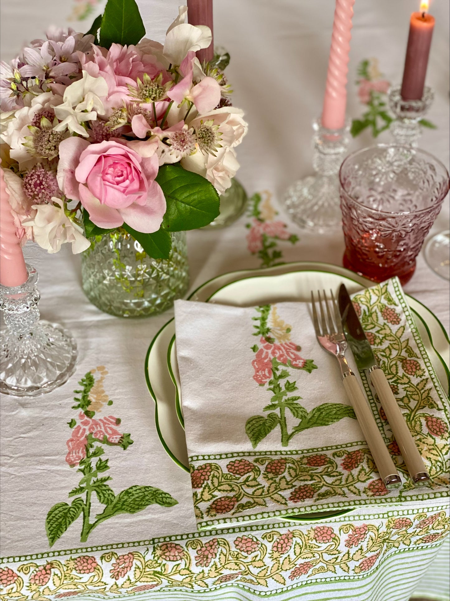 Hand block printed peach foxglove tablecloth