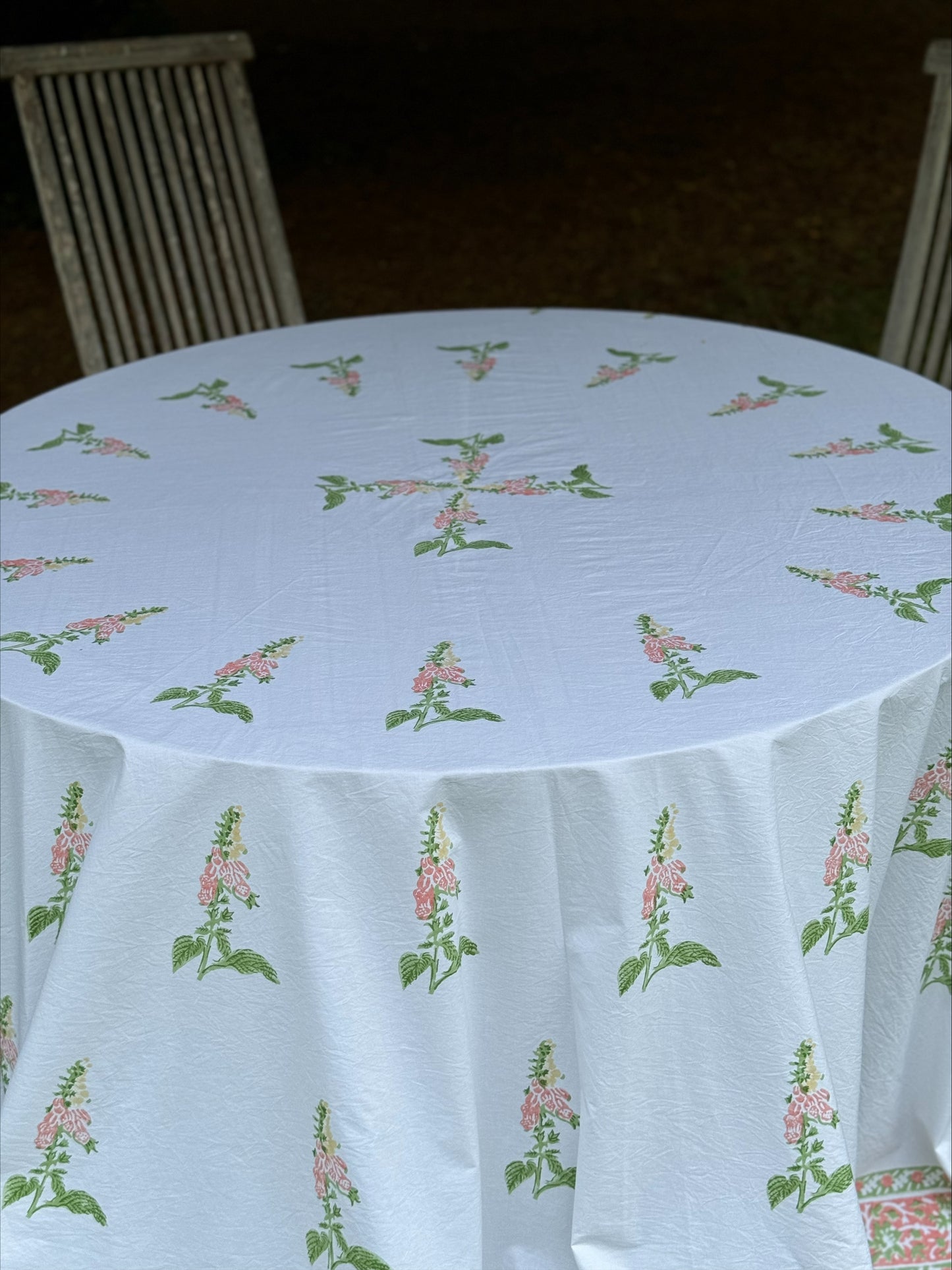 Hand block printed peach foxglove round tablecloth