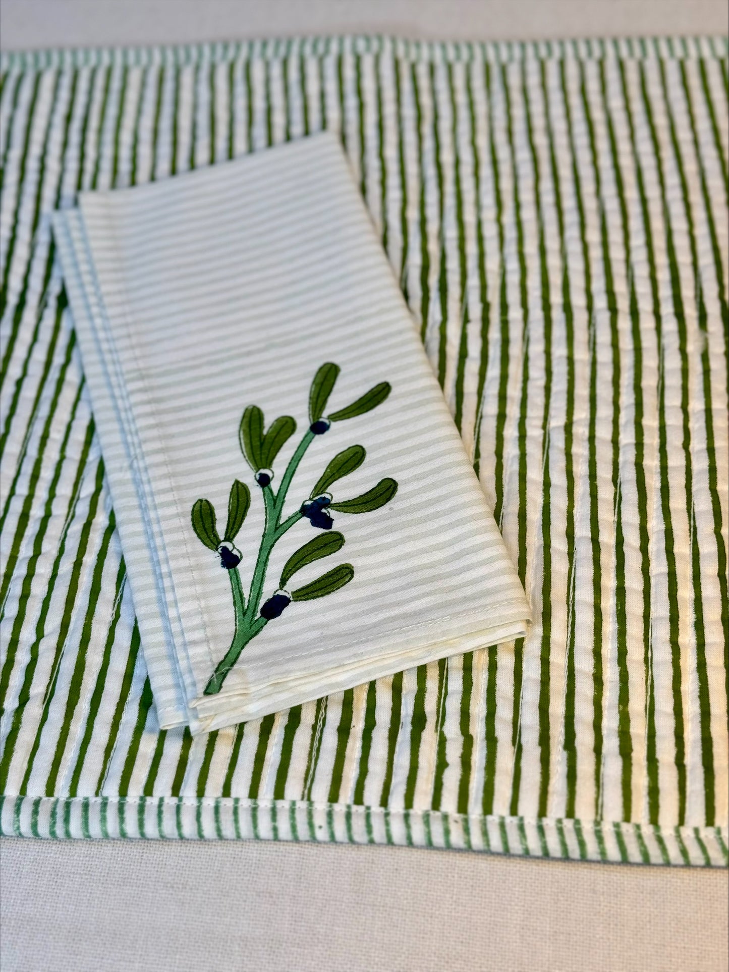 Hand block printed dark green mistletoe napkins - set of 2