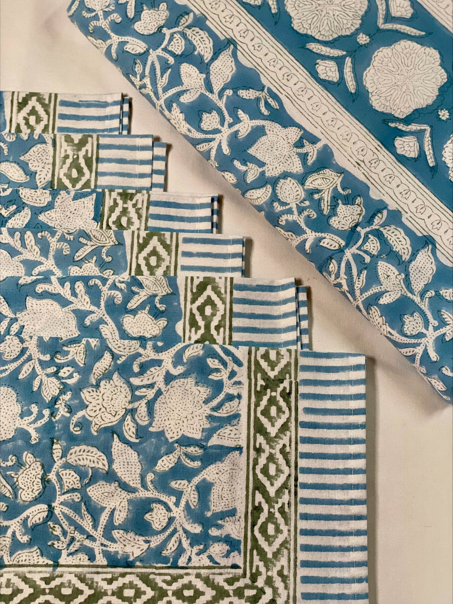 Hand block printed white and blue tablecloth with set of 6 matching napkins