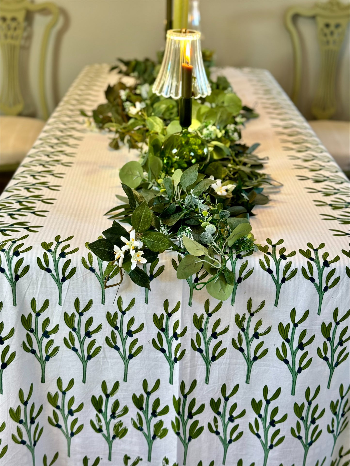 Hand block printed dark green leaf tablecloth