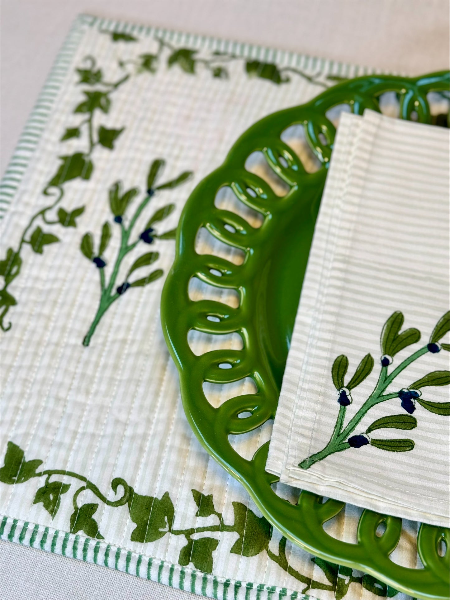 Hand block printed dark green mistletoe napkins - set of 2